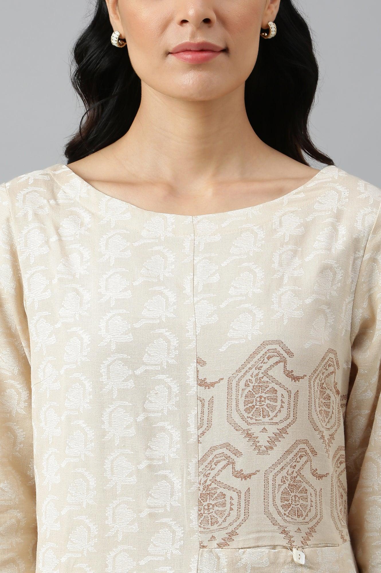 Beige Asymmetric Paisley Print kurta In Boat Neck - Image 8