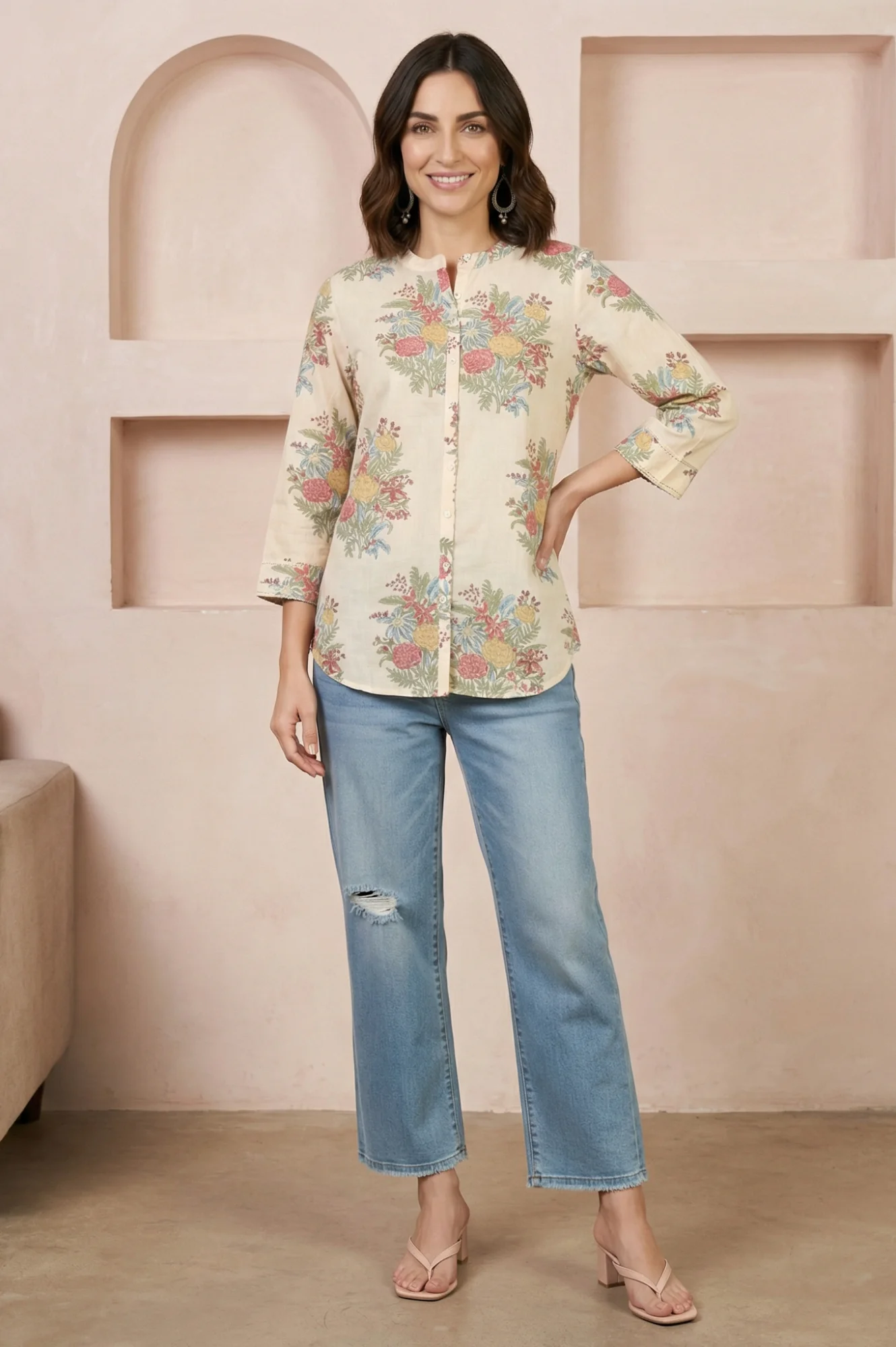 Beige Block Floral Printed Pure Cotton Straight Top - Image 2