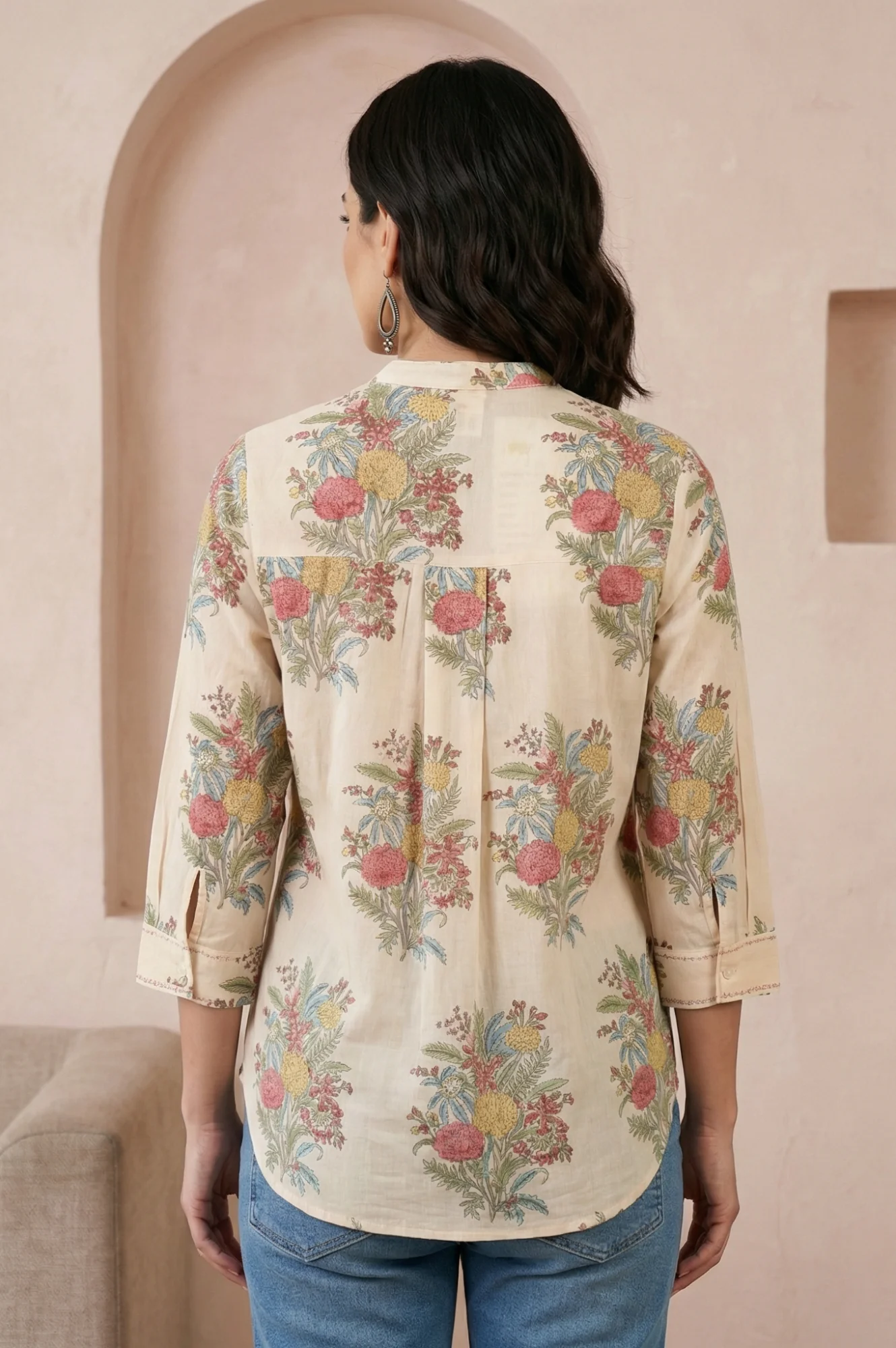 Beige Block Floral Printed Pure Cotton Straight Top - Image 4