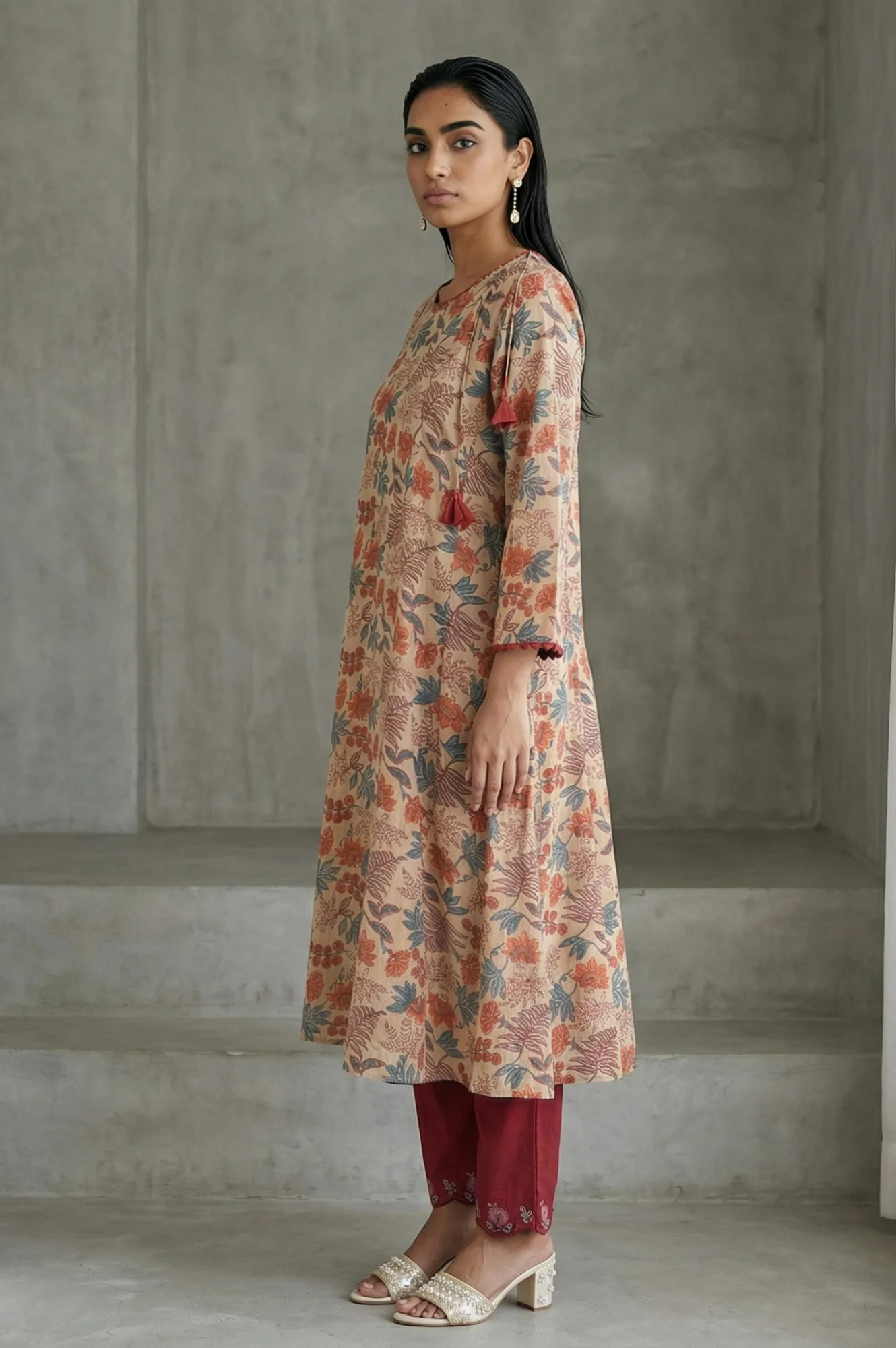 Beige Block Printed Tassel Pure Cotton A-line Kurta - Image 5