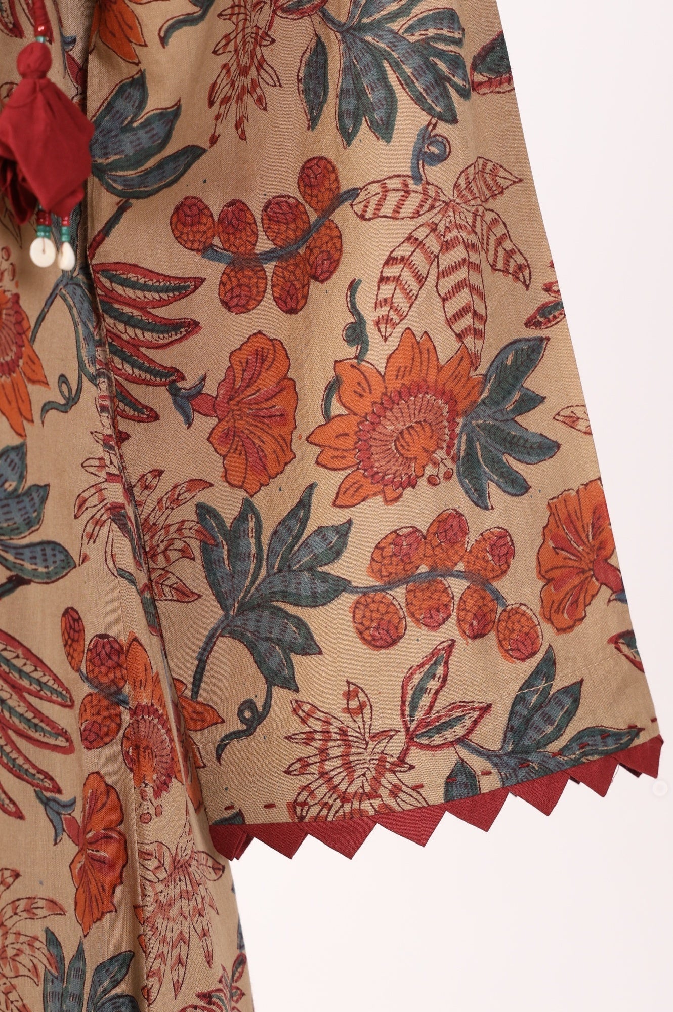 Beige Block Printed Tassel Pure Cotton A-line Kurta - Image 6