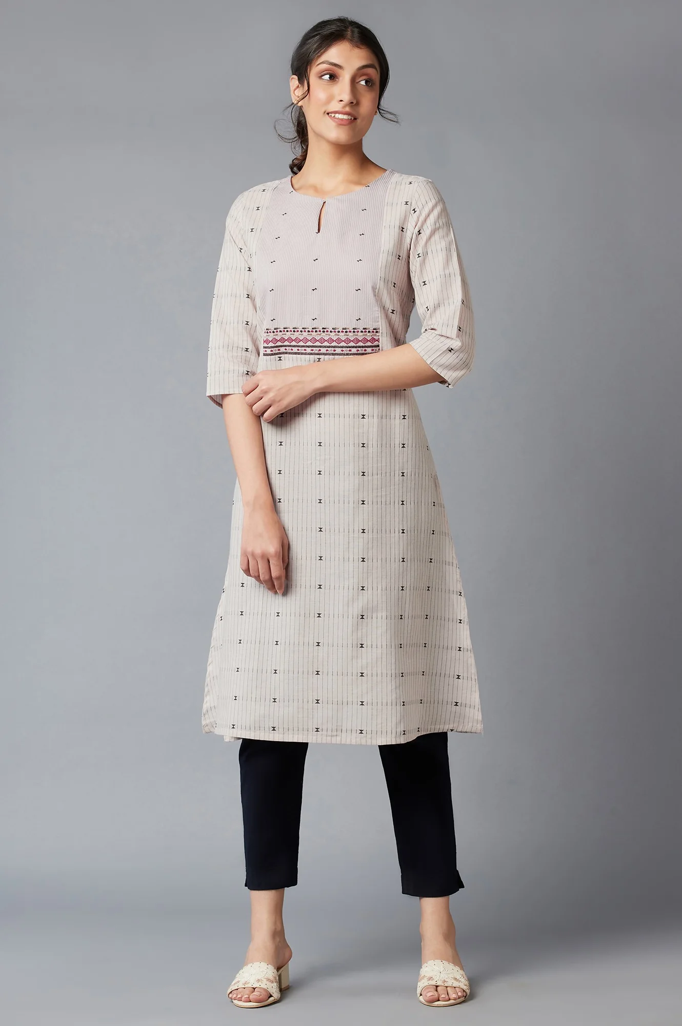 Beige Cotton Dobby kurta With Embroidered Yoke