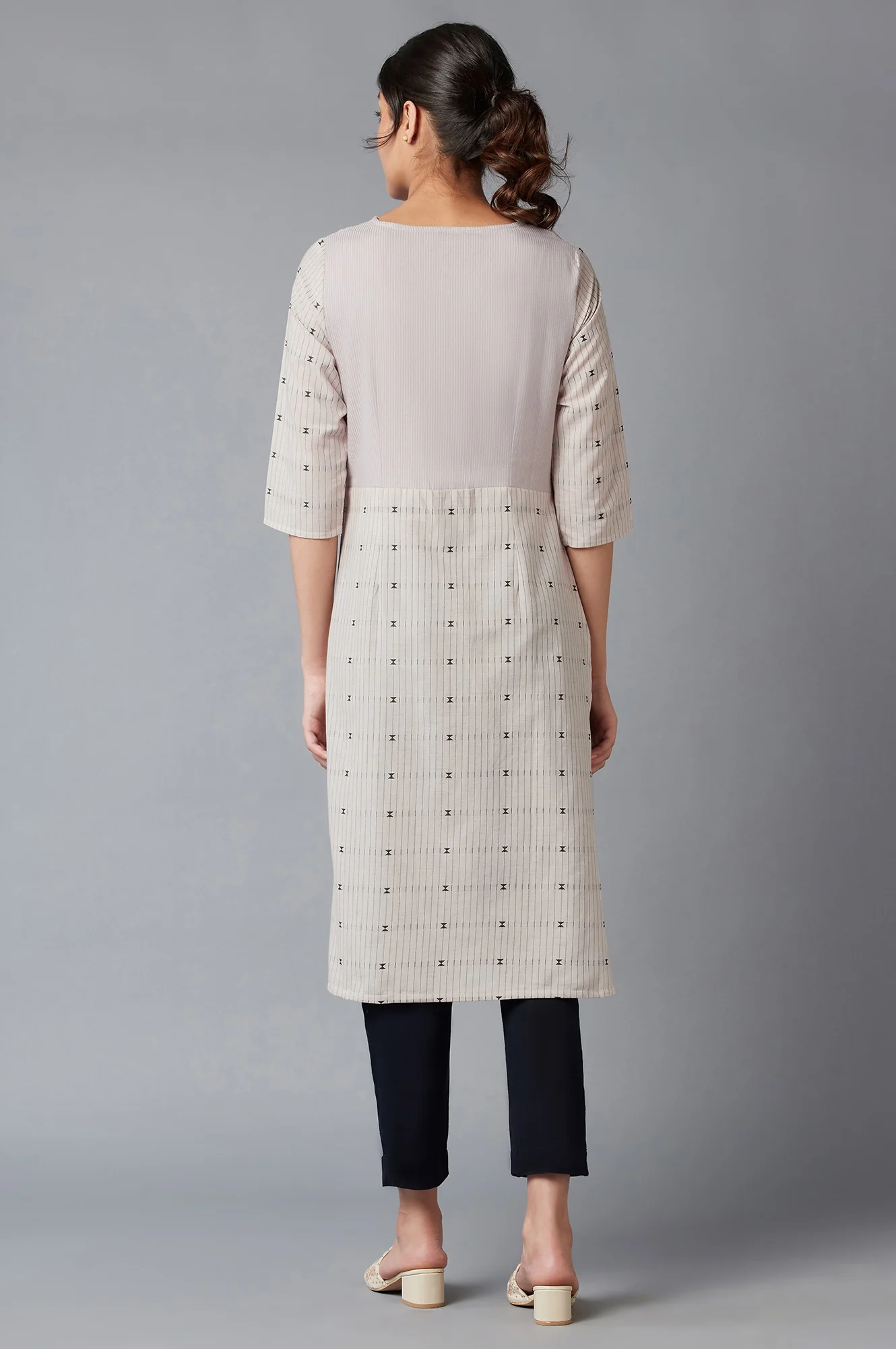 Beige Cotton Dobby kurta With Embroidered Yoke - Image 2