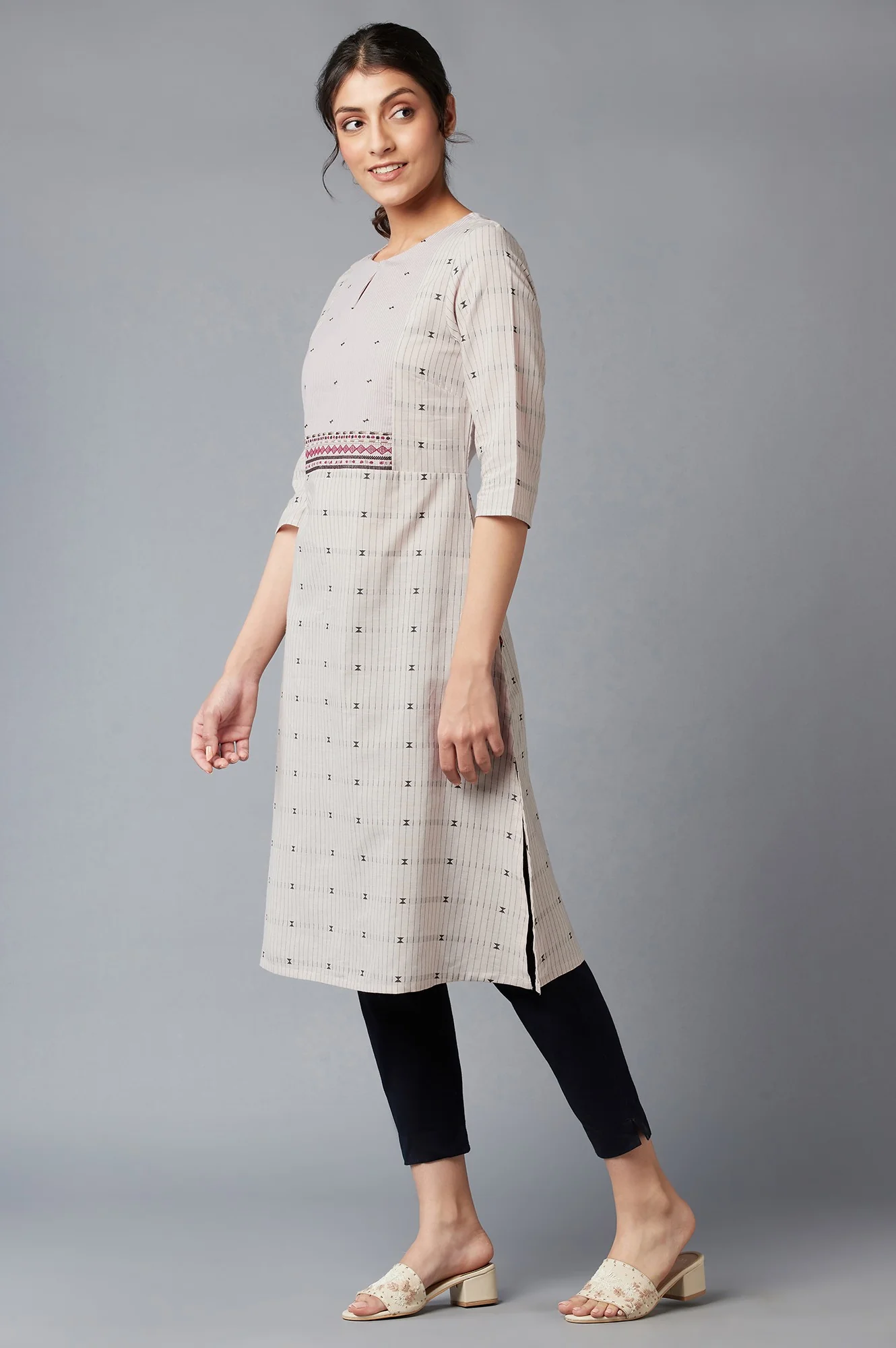 Beige Cotton Dobby kurta With Embroidered Yoke - Image 3