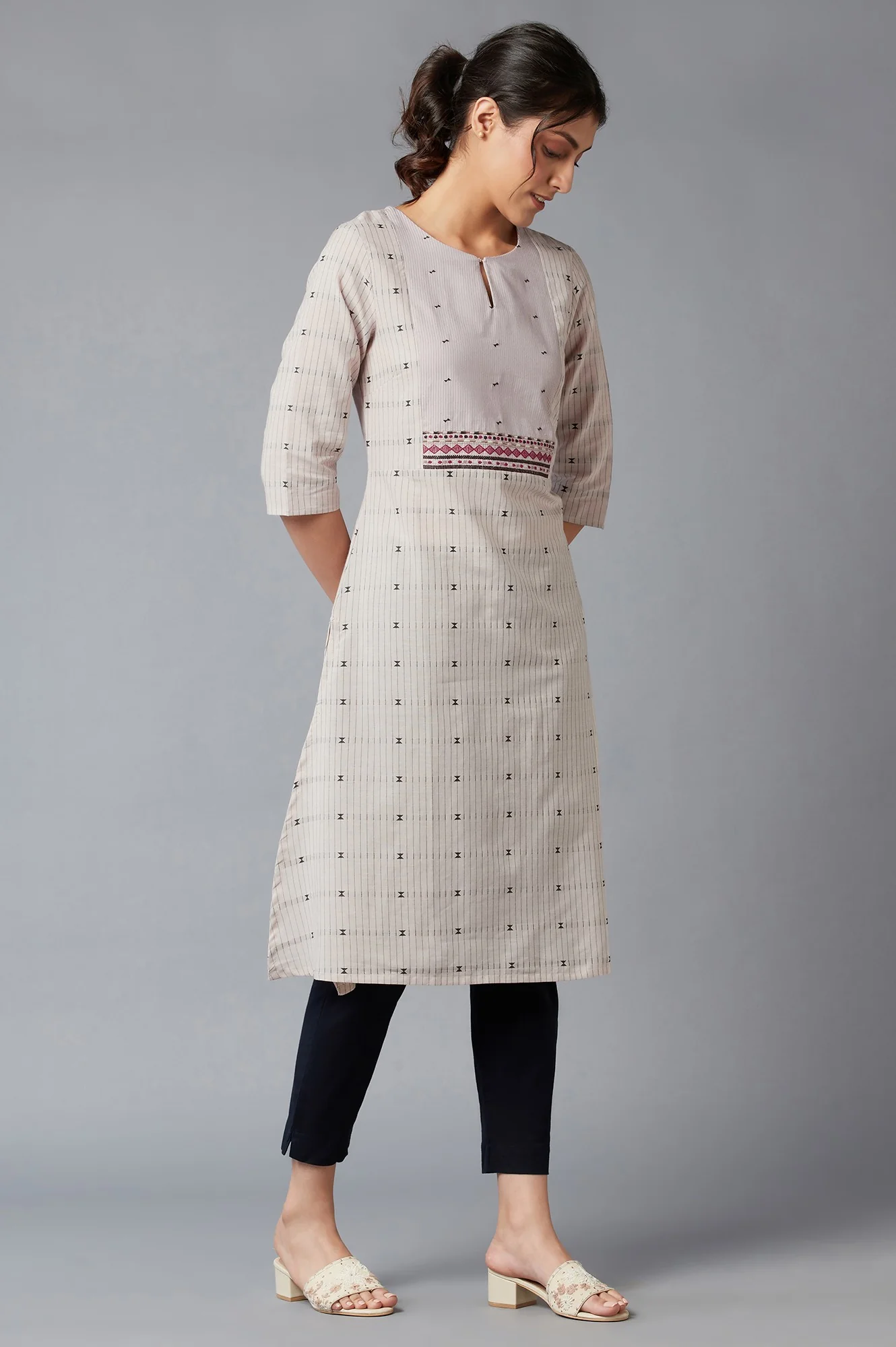 Beige Cotton Dobby kurta With Embroidered Yoke - Image 4