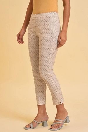 Beige Cotton Flax Printed Slim Pants - Image 3