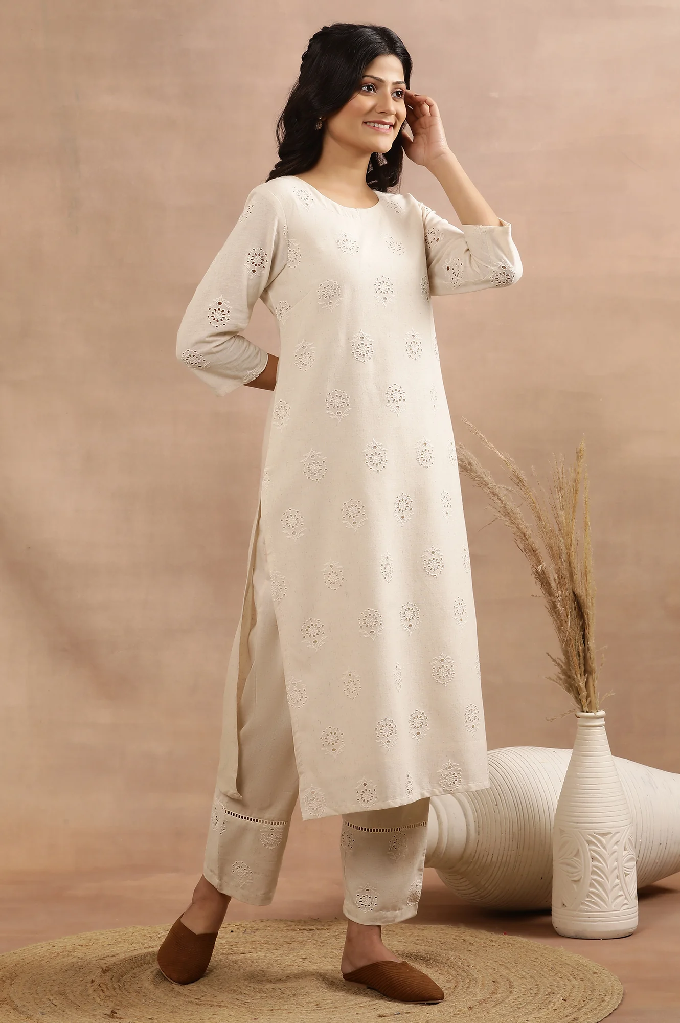 Beige Cotton Shiffli Kurta And Pants Set - Image 5