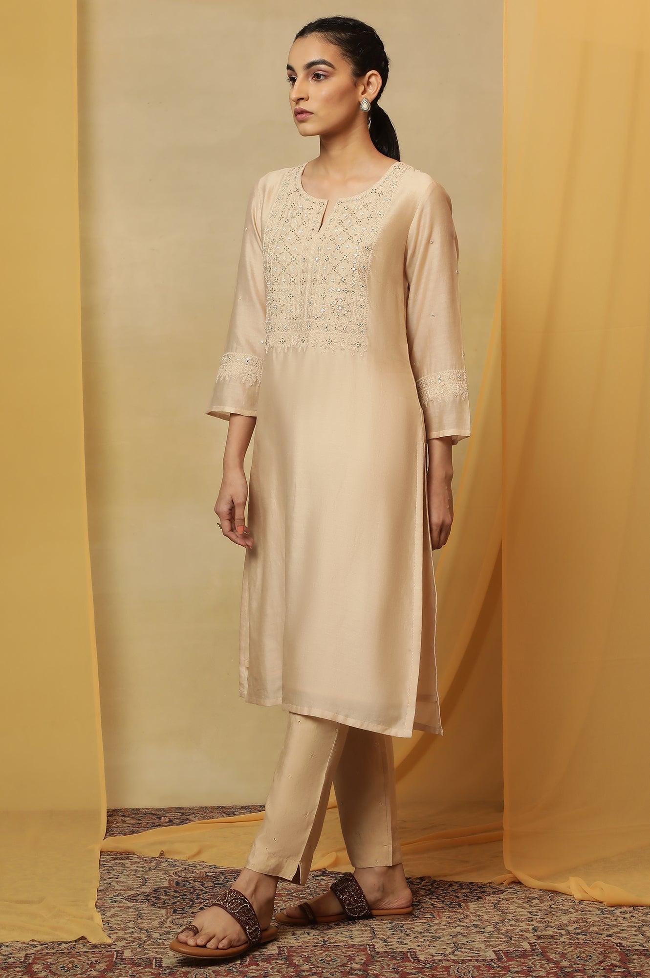 Beige Dori Embroidered Cotton Silk Kurta - Image 3