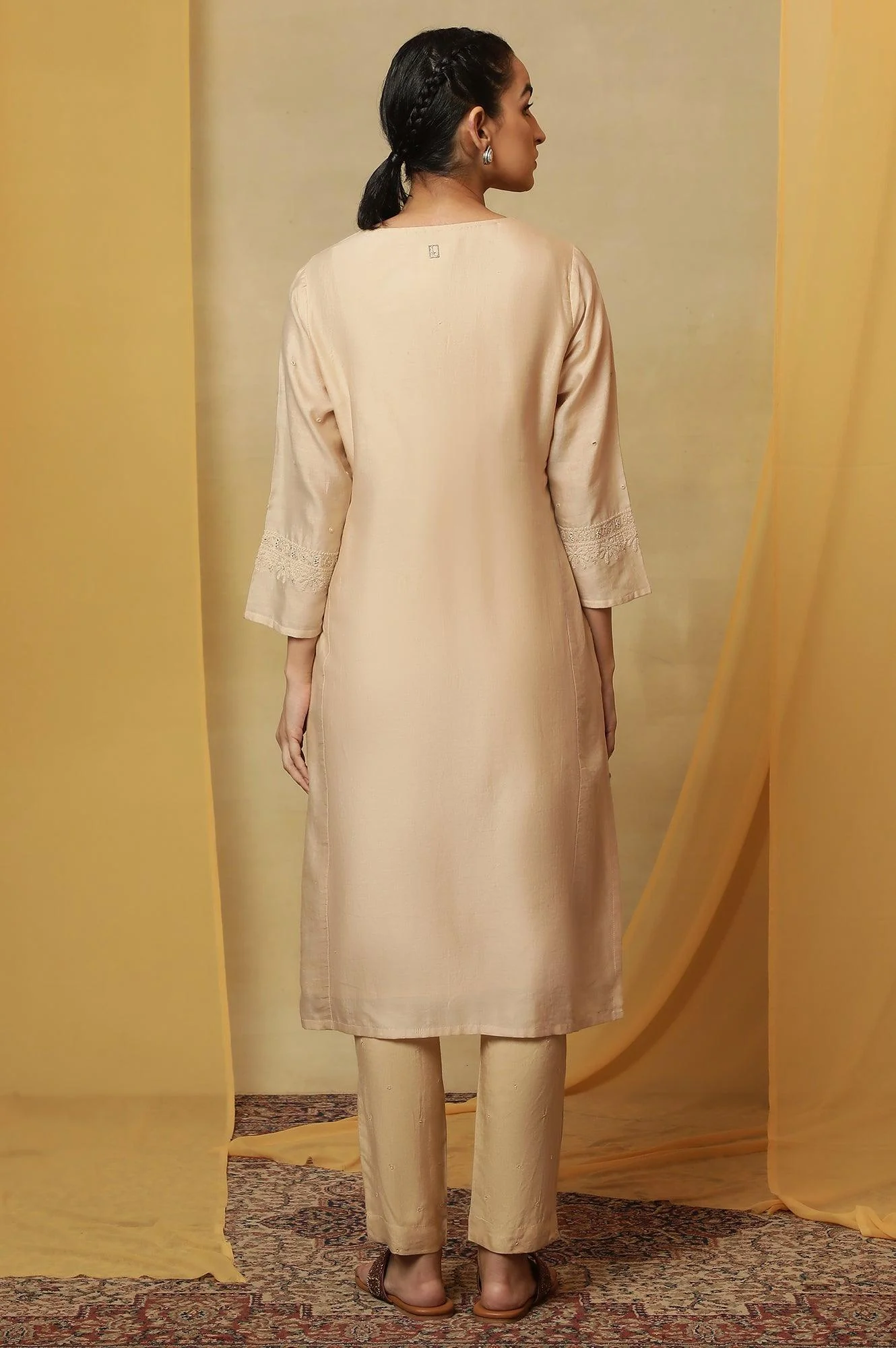 Beige Dori Embroidered Cotton Silk Kurta - Image 4
