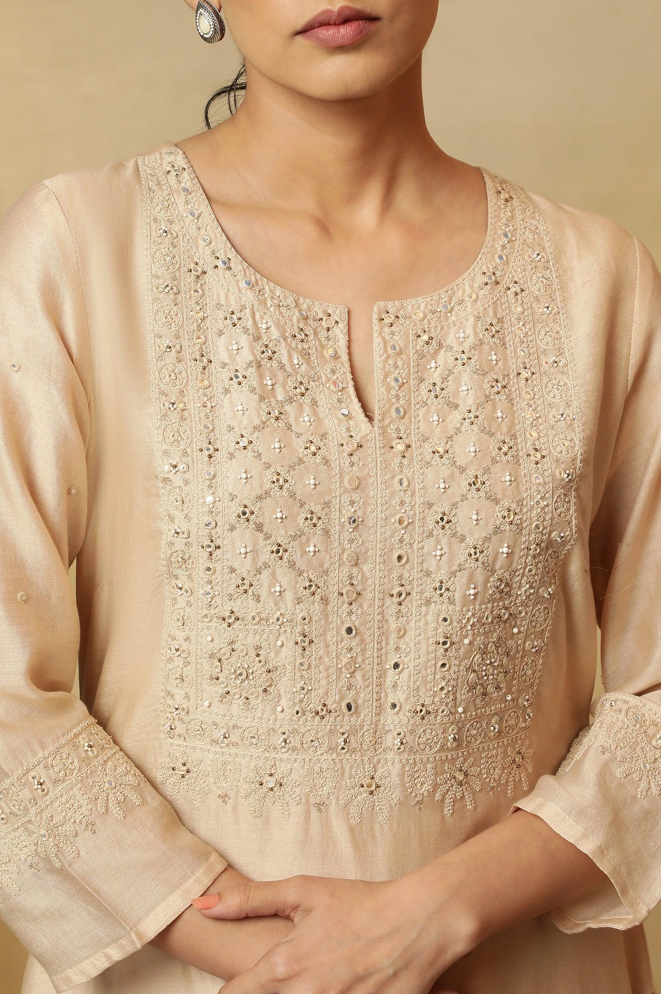 Beige Dori Embroidered Cotton Silk Kurta - Image 8