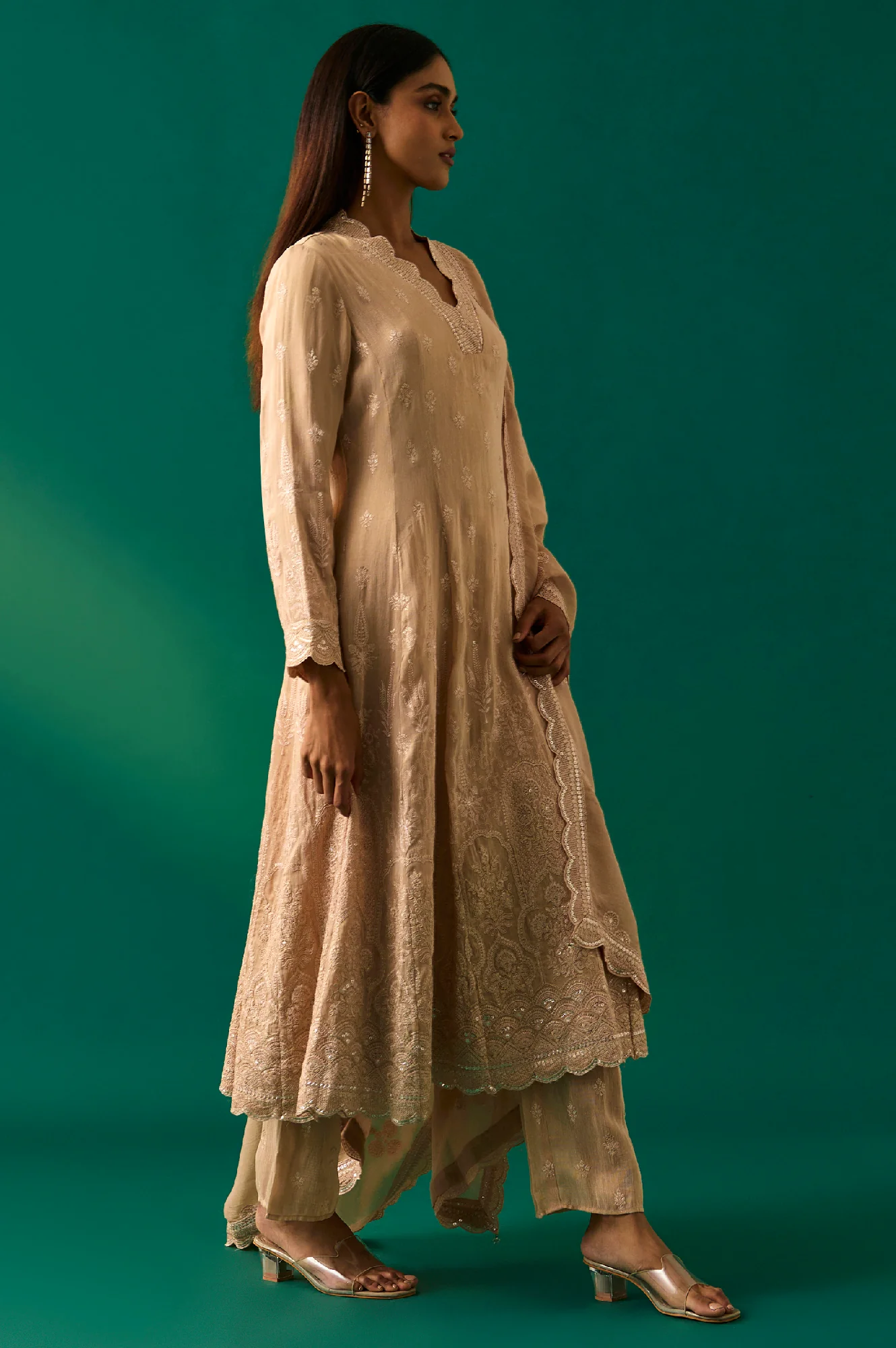 Beige Embroidered Anarkali Kurta with Straight Pant and Dupatta Set - Image 5