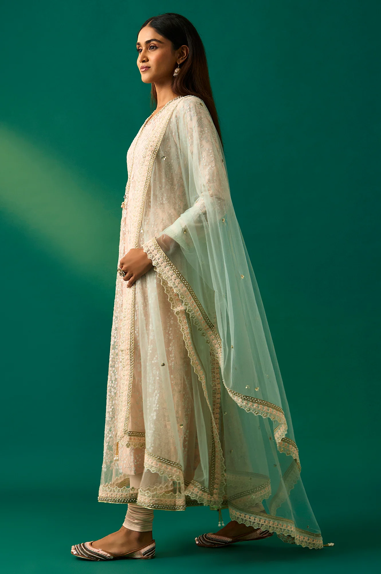 Beige Embroidered Anarkali Net Kurta with Churidar and Dupatta Set - Image 2