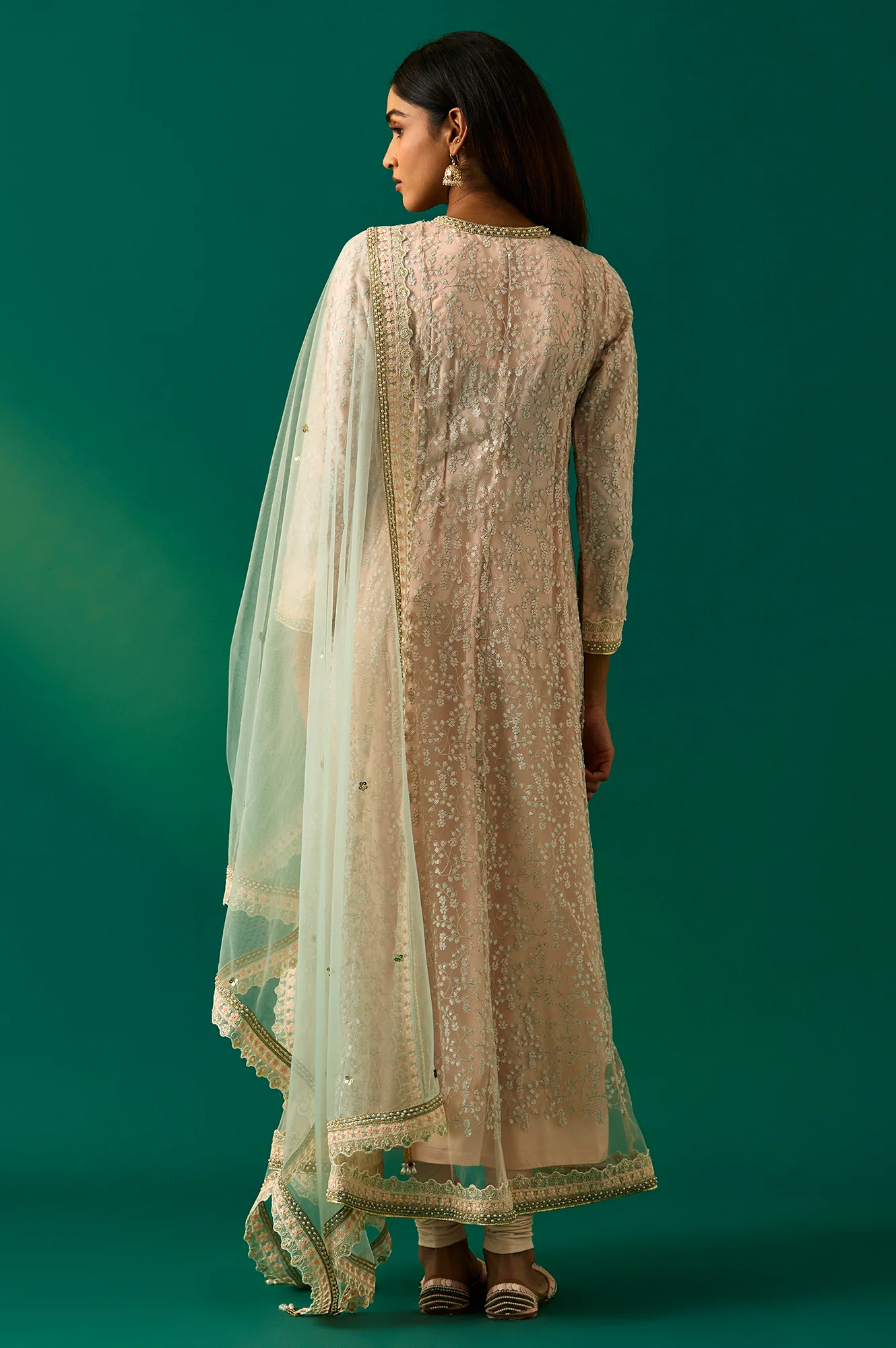 Beige Embroidered Anarkali Net Kurta with Churidar and Dupatta Set - Image 3