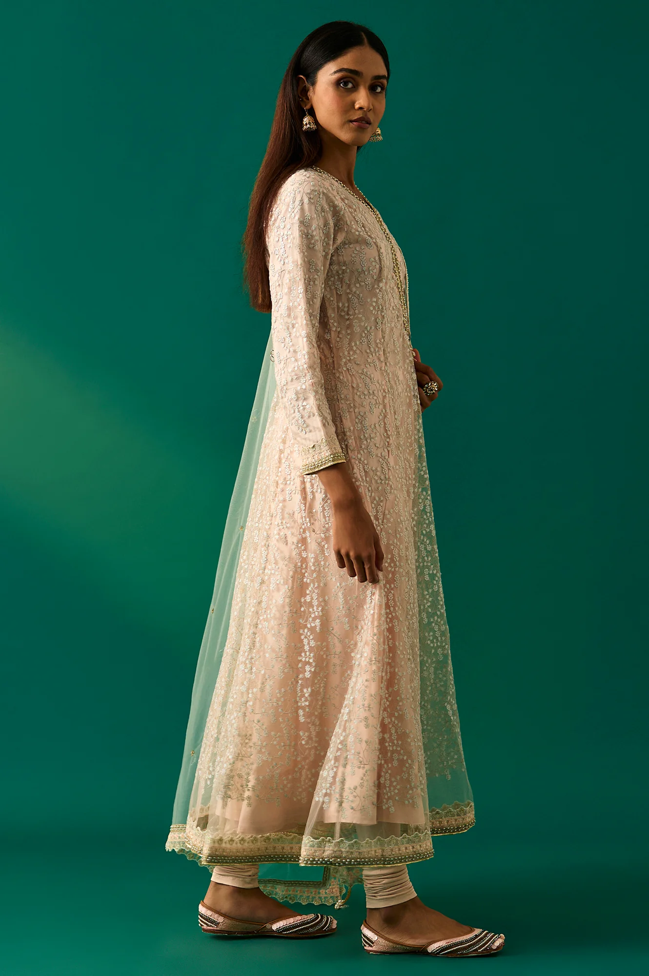 Beige Embroidered Anarkali Net Kurta with Churidar and Dupatta Set - Image 4