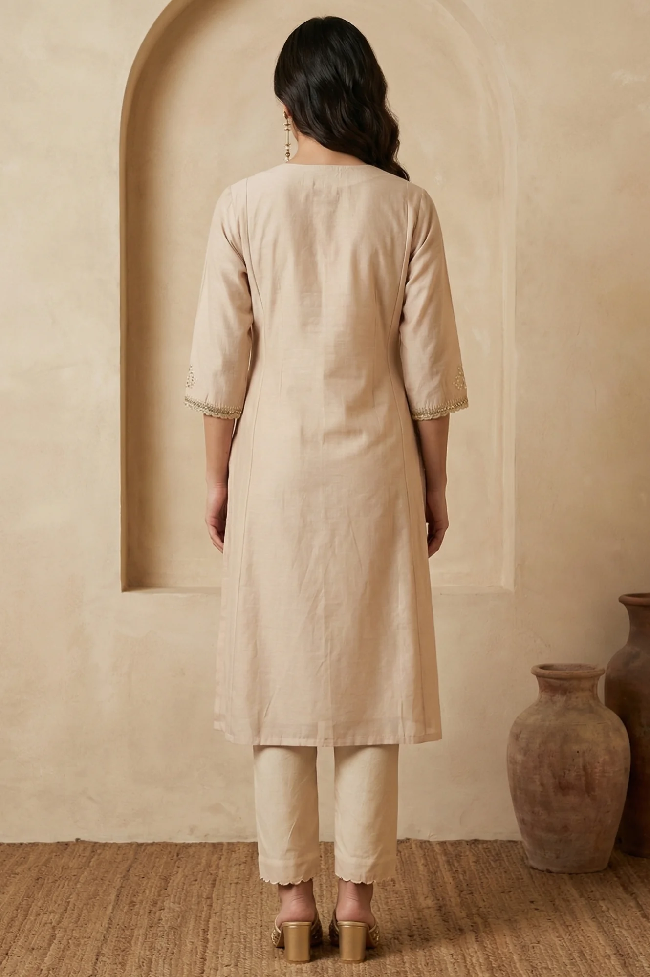 Beige Embroidered Chanderi Straight Kurta - Image 5