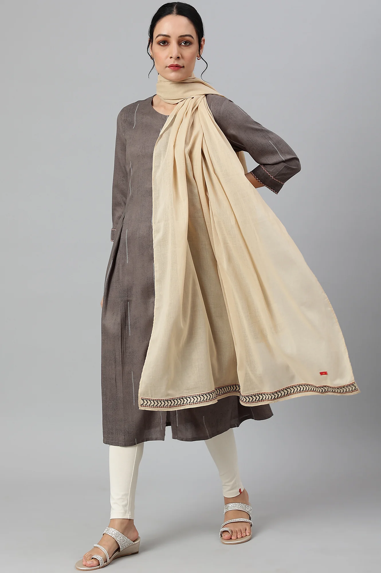 Beige Embroidered Cotton Voile Dupatta - Image 2