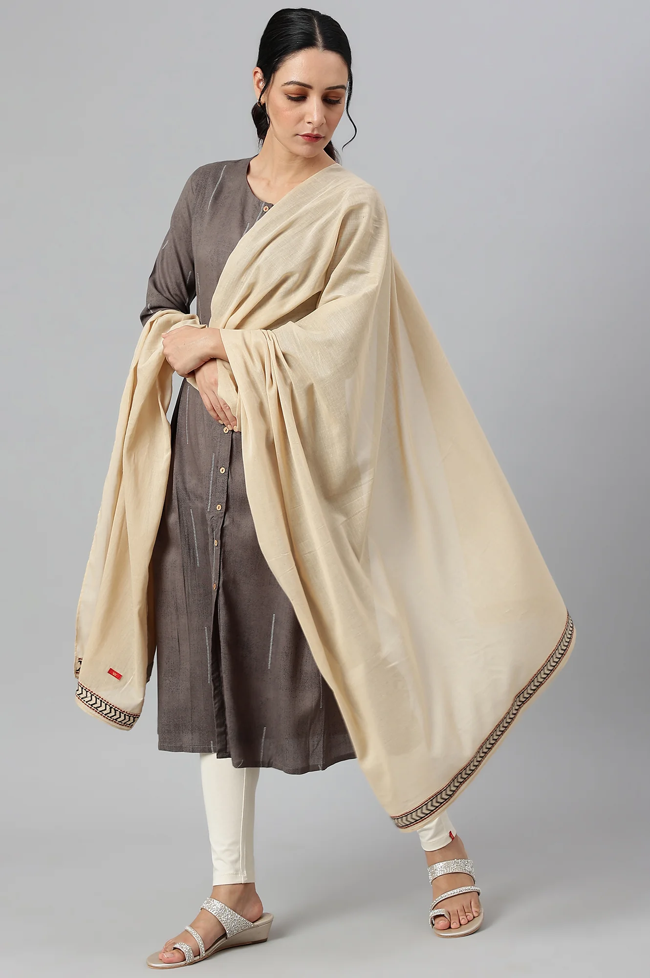 Beige Embroidered Cotton Voile Dupatta - Image 3
