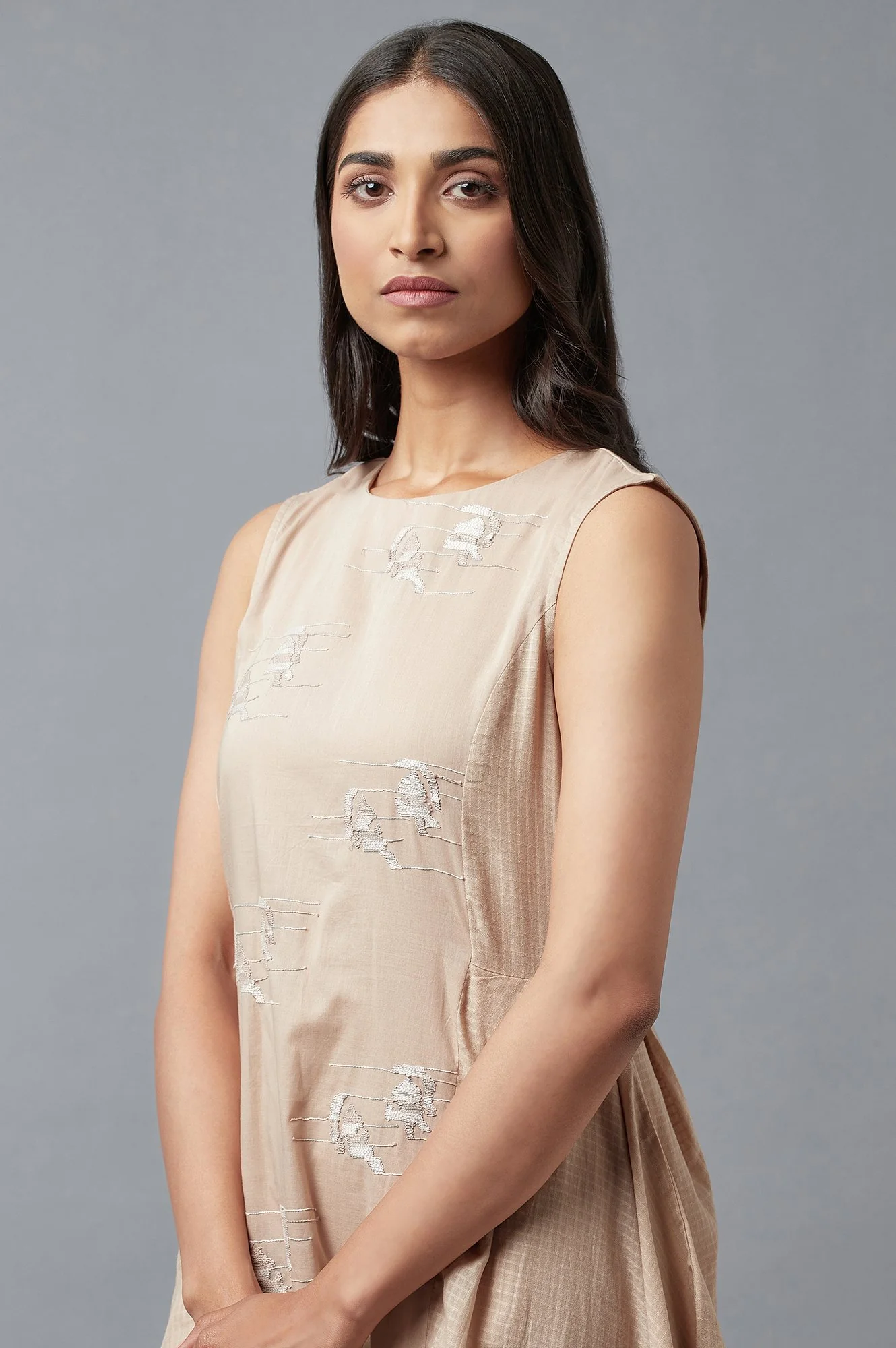 Beige Embroidered Cowl Dress In Round Neck - Image 5