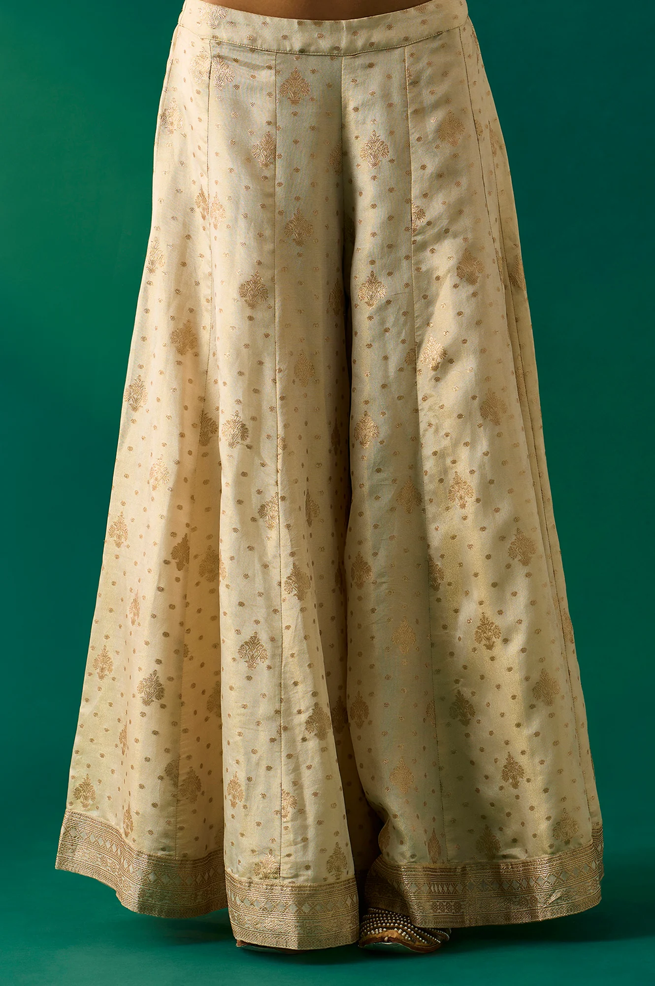 Beige Embroidered Straight Tissue Kurta with Sharara and Dupatta Set - Image 6