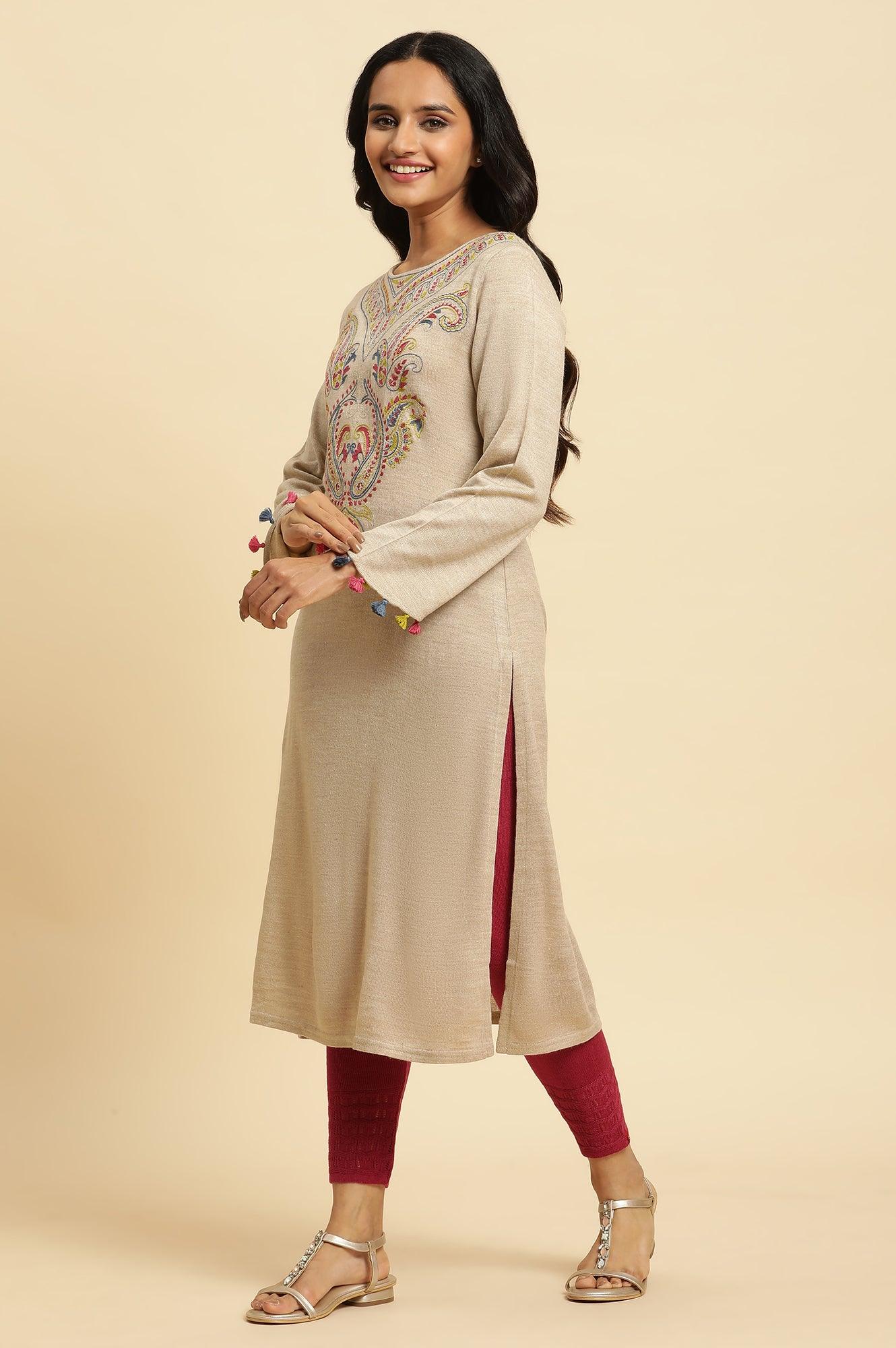 Beige Embroidered Winter Kurta And Tights Set - Image 3