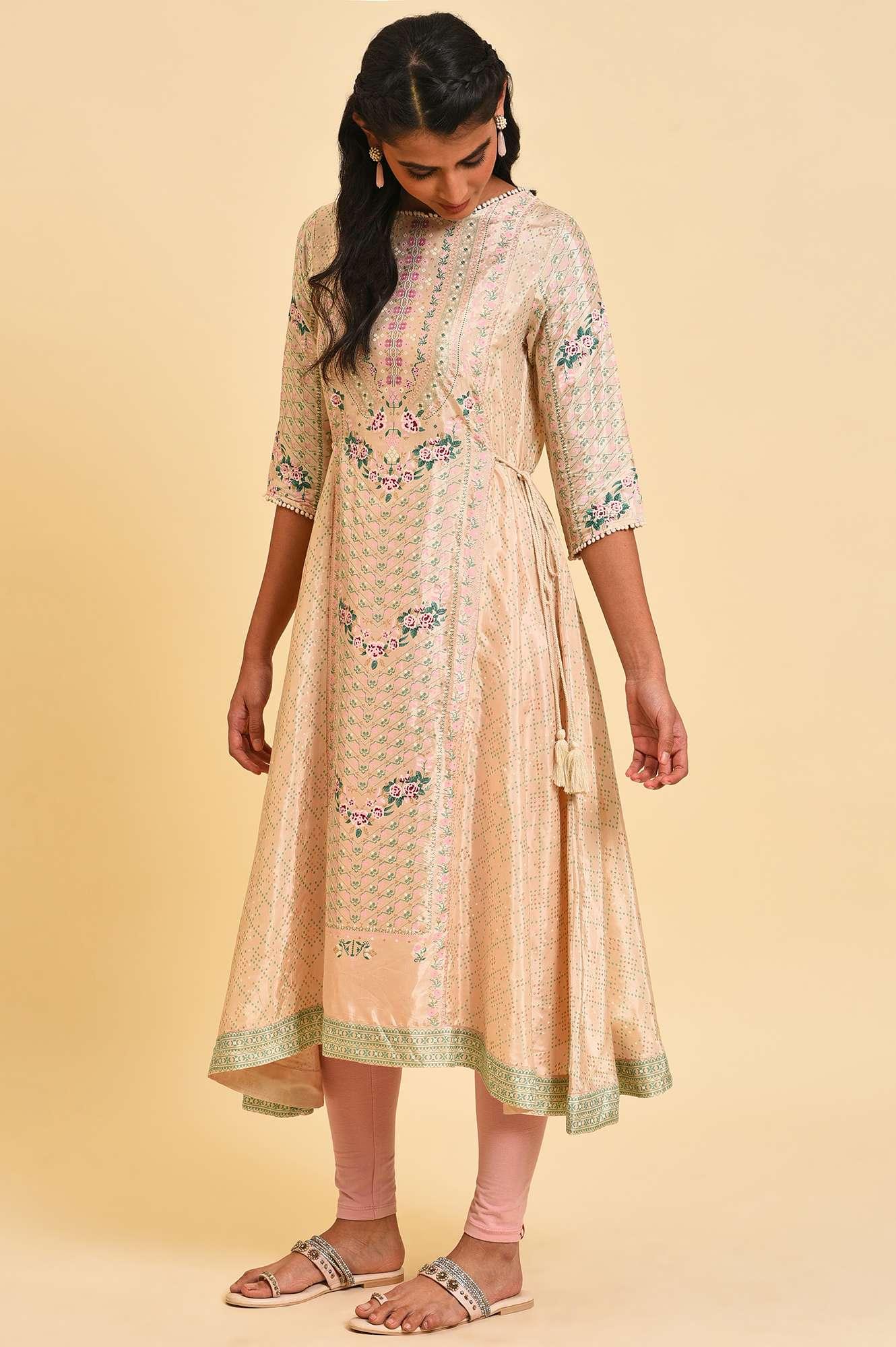 Beige Festive Asymmetric kurta Set - Image 3