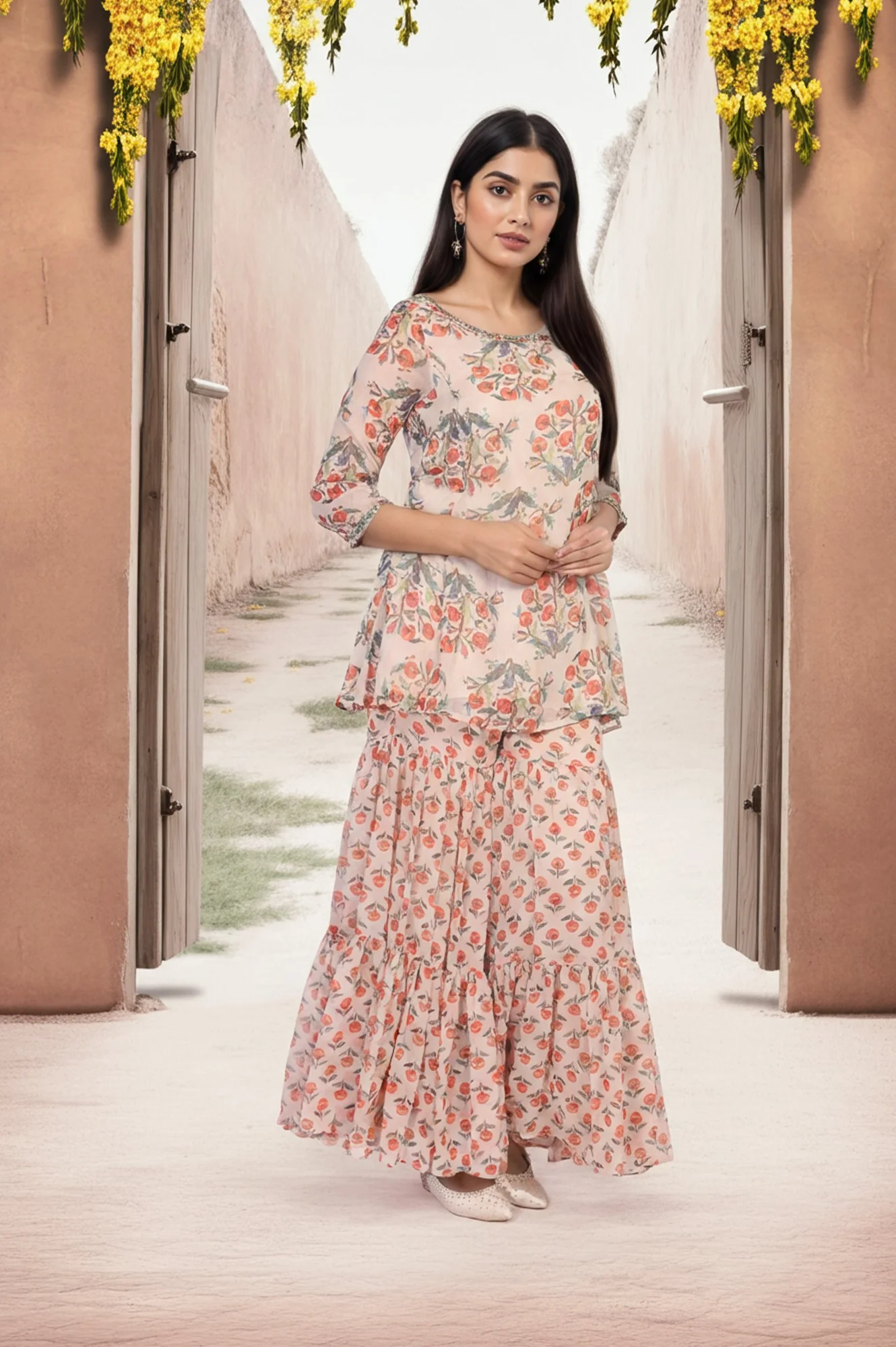 Beige Floral Embellished Peplum Chiffon Kurta with Sharara and Dupatta Set - Image 4