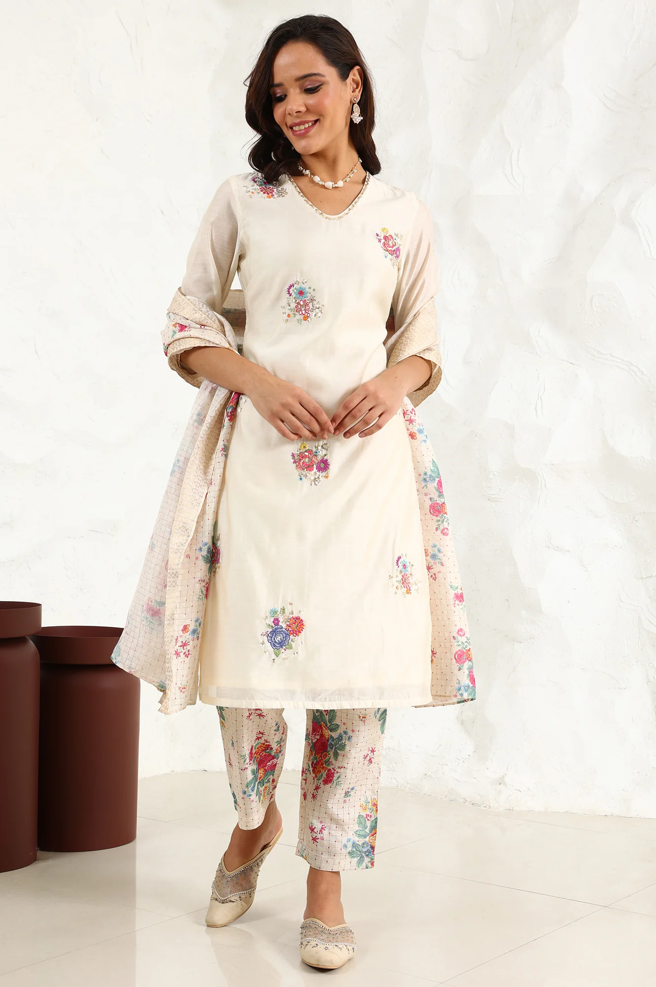 Beige Floral Embroidered Chanderi Straight Kurta, Pants And Dupatta Set