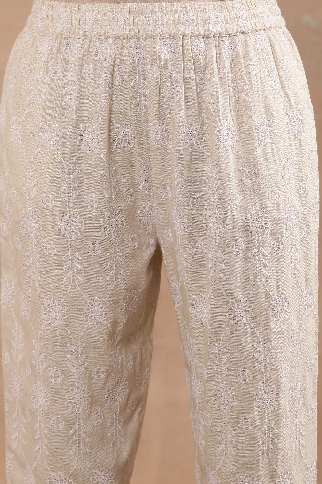 Beige Floral Embroidered Cotton Kurta And Pants Set - Image 8