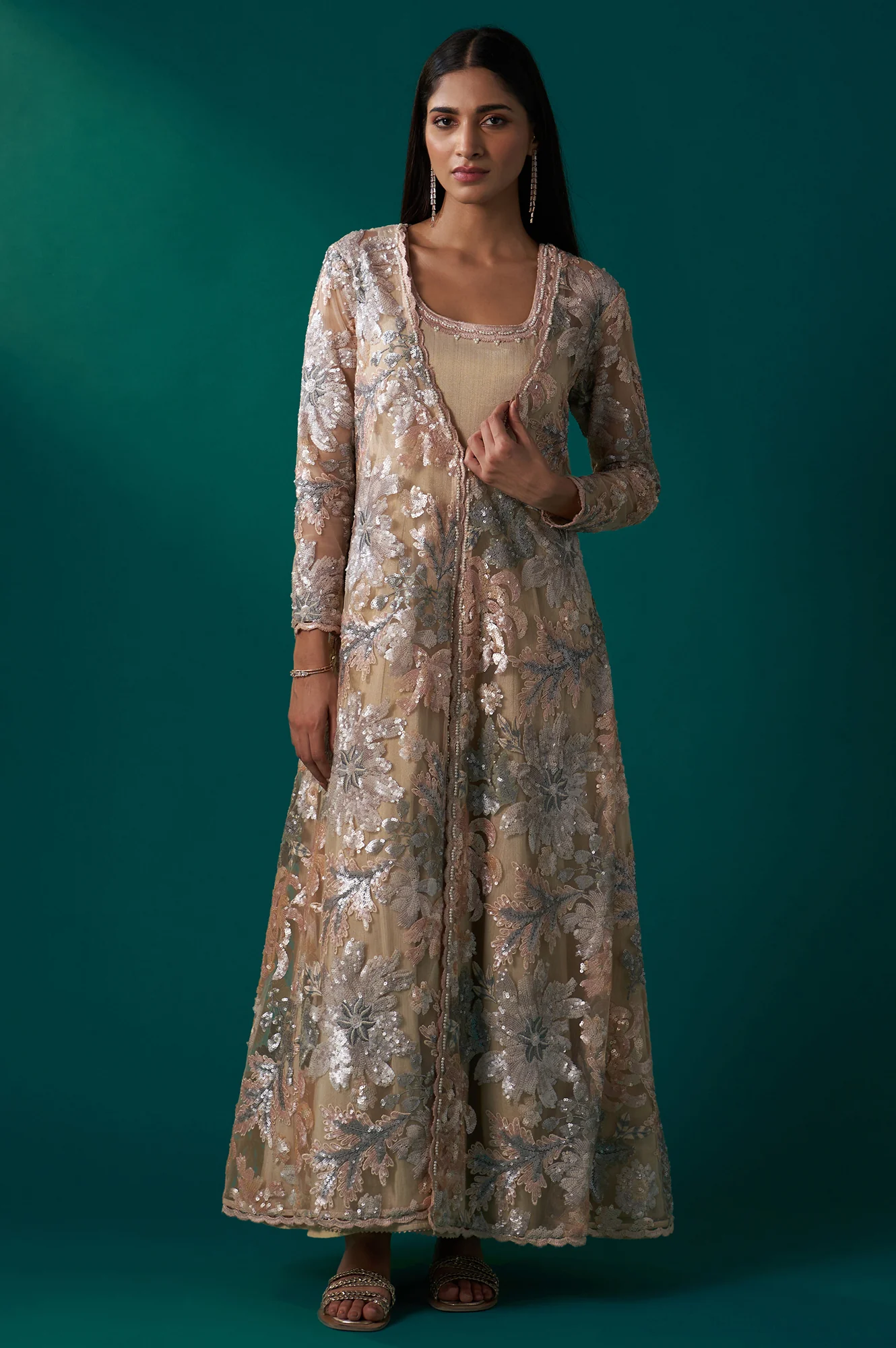 Beige Sequin Embroidered Long Jacket, Anarkali Dress and Churidar Set - Image 3