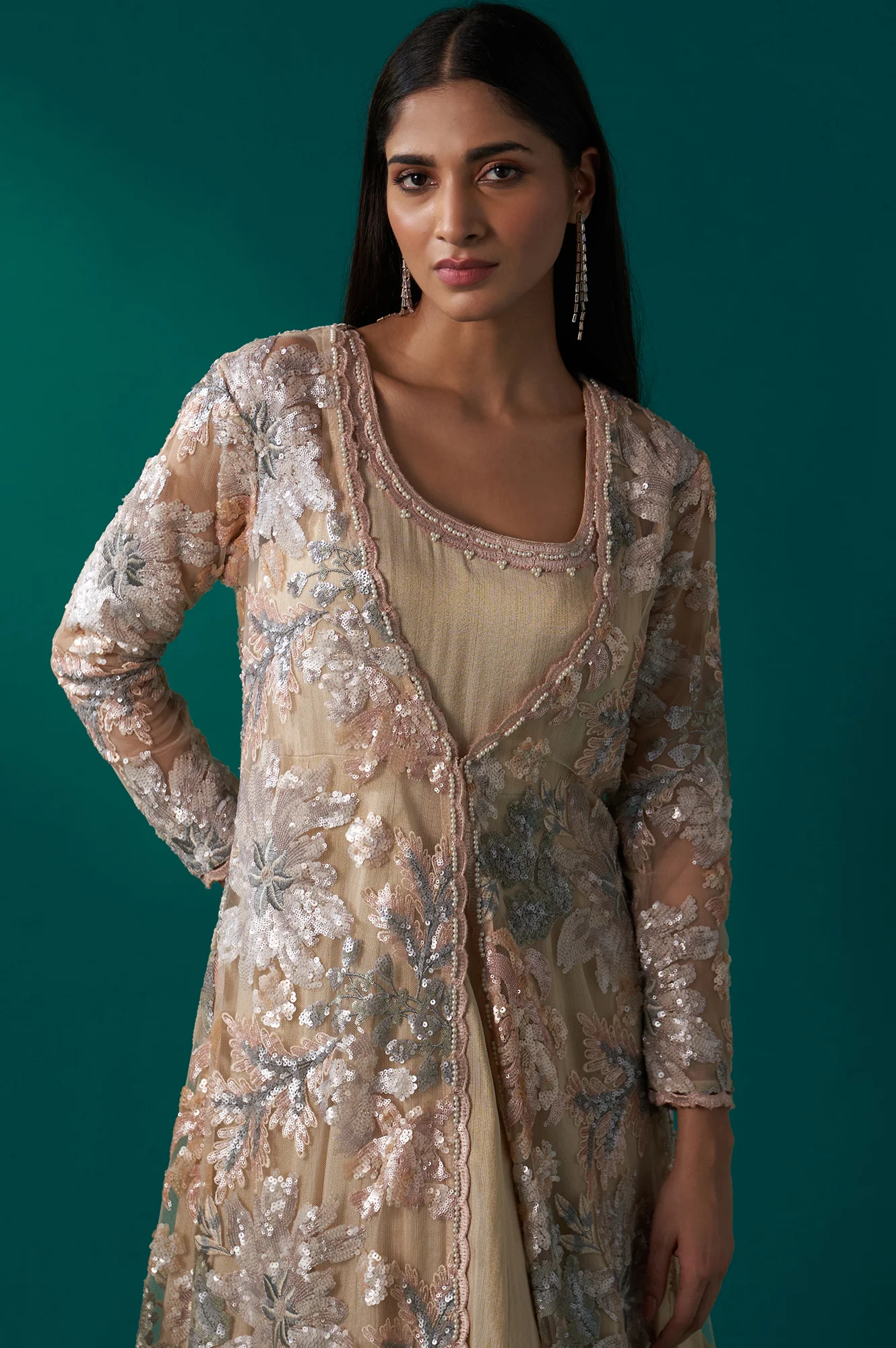 Beige Sequin Embroidered Long Jacket, Anarkali Dress and Churidar Set - Image 4