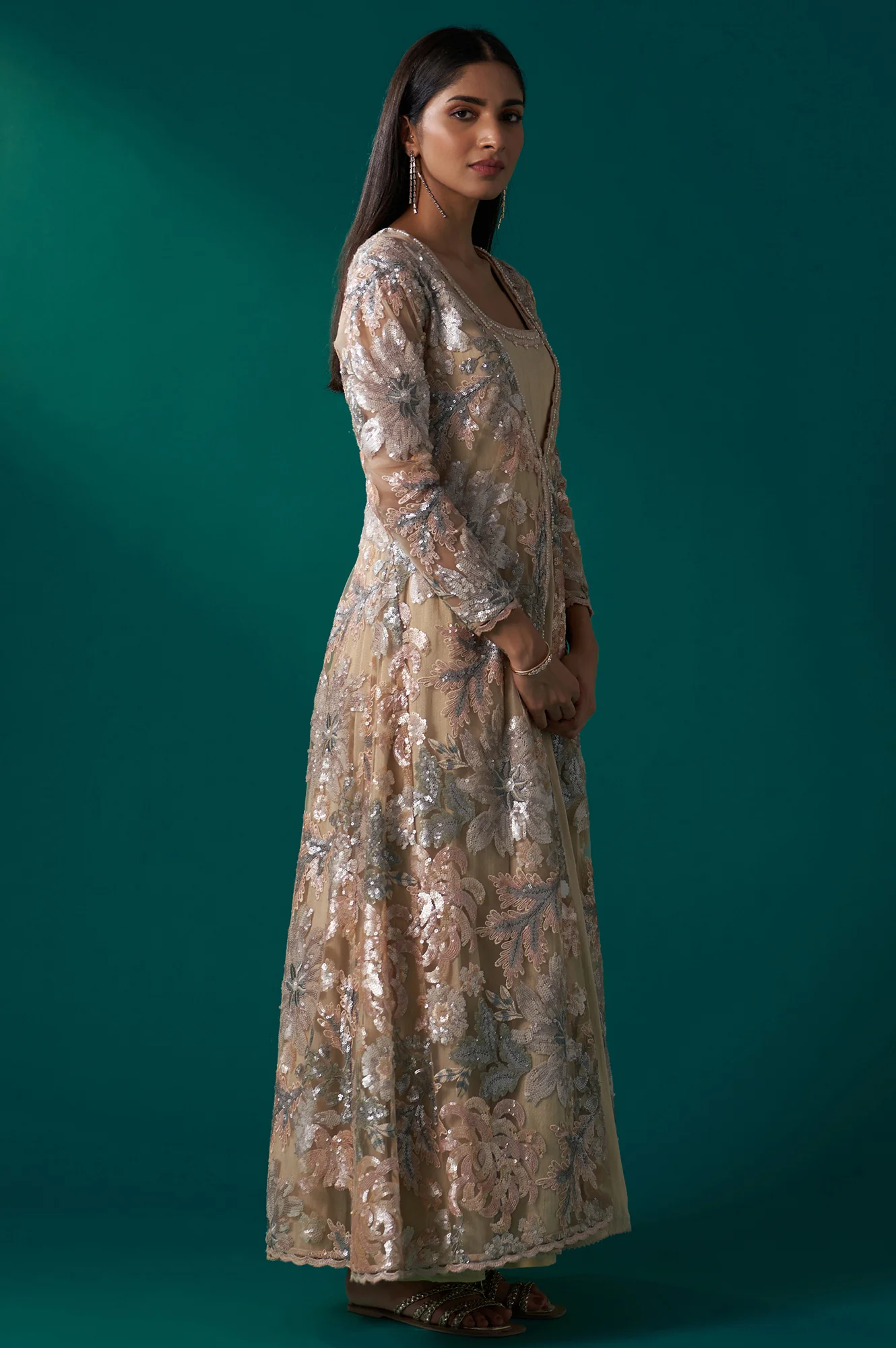 Beige Sequin Embroidered Long Jacket, Anarkali Dress and Churidar Set - Image 7
