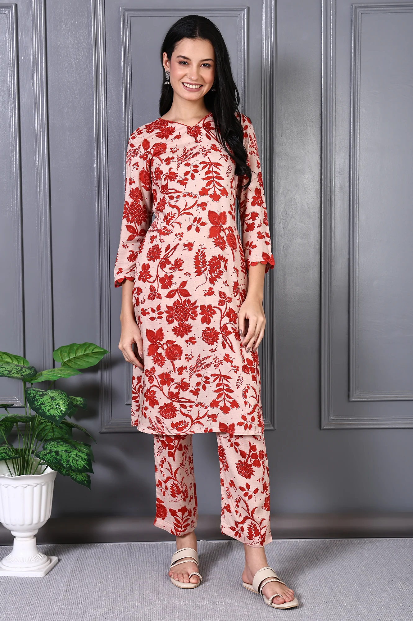 Beige Floral Print Lace Trim A-Line Modal Kurta - Image 2