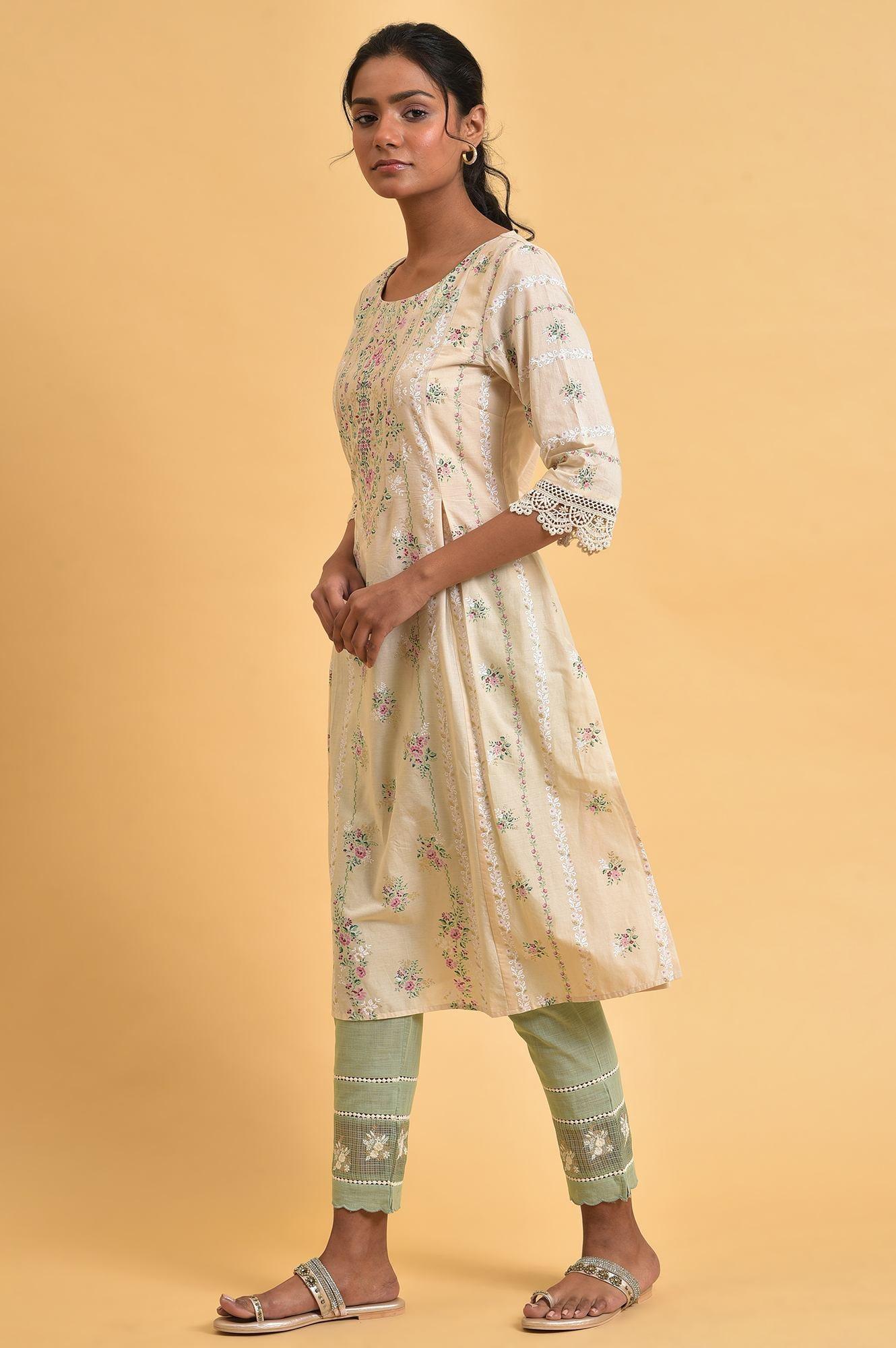 Beige Floral Print Round Neck Plus Size Cotton kurta - Image 3