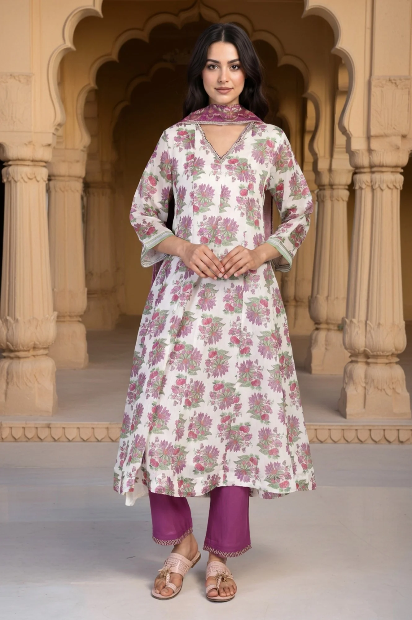 Beige Floral Print Sequined Flared Chanderi Kurta with Pant and Dupatta Set - Image 2