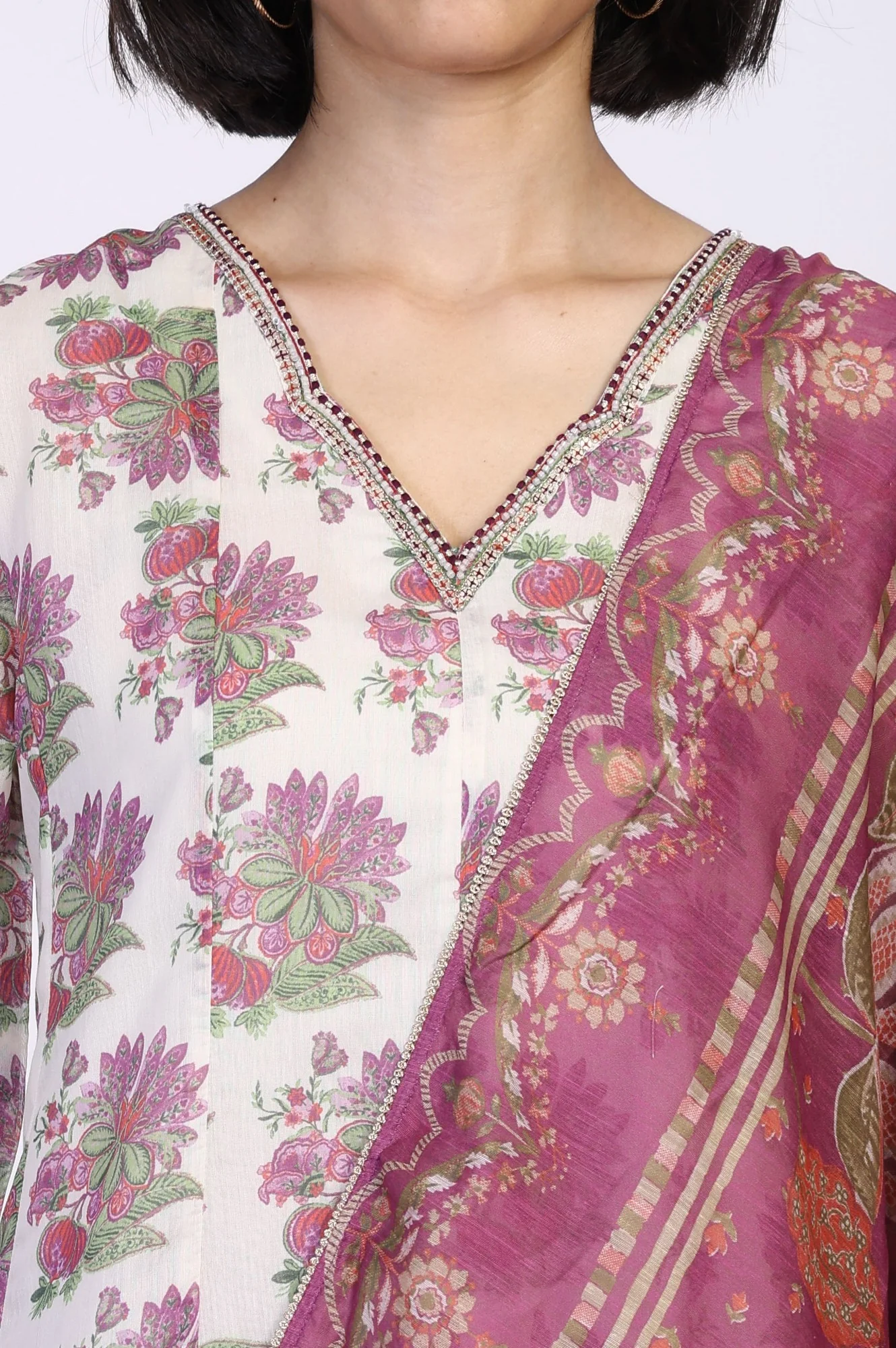 Beige Floral Print Sequined Flared Chanderi Kurta with Pant and Dupatta Set - Image 3