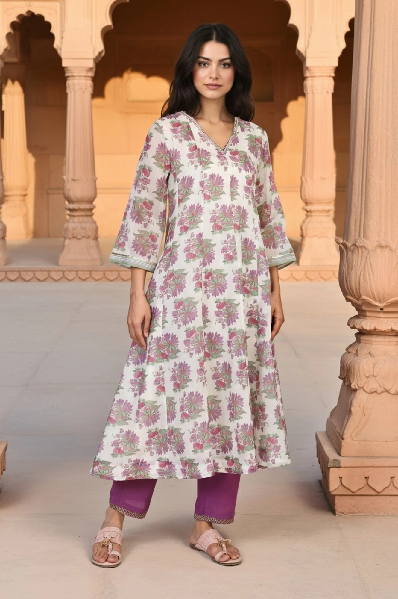 Beige Floral Print Sequined Flared Chanderi Kurta with Pant and Dupatta Set - Image 4