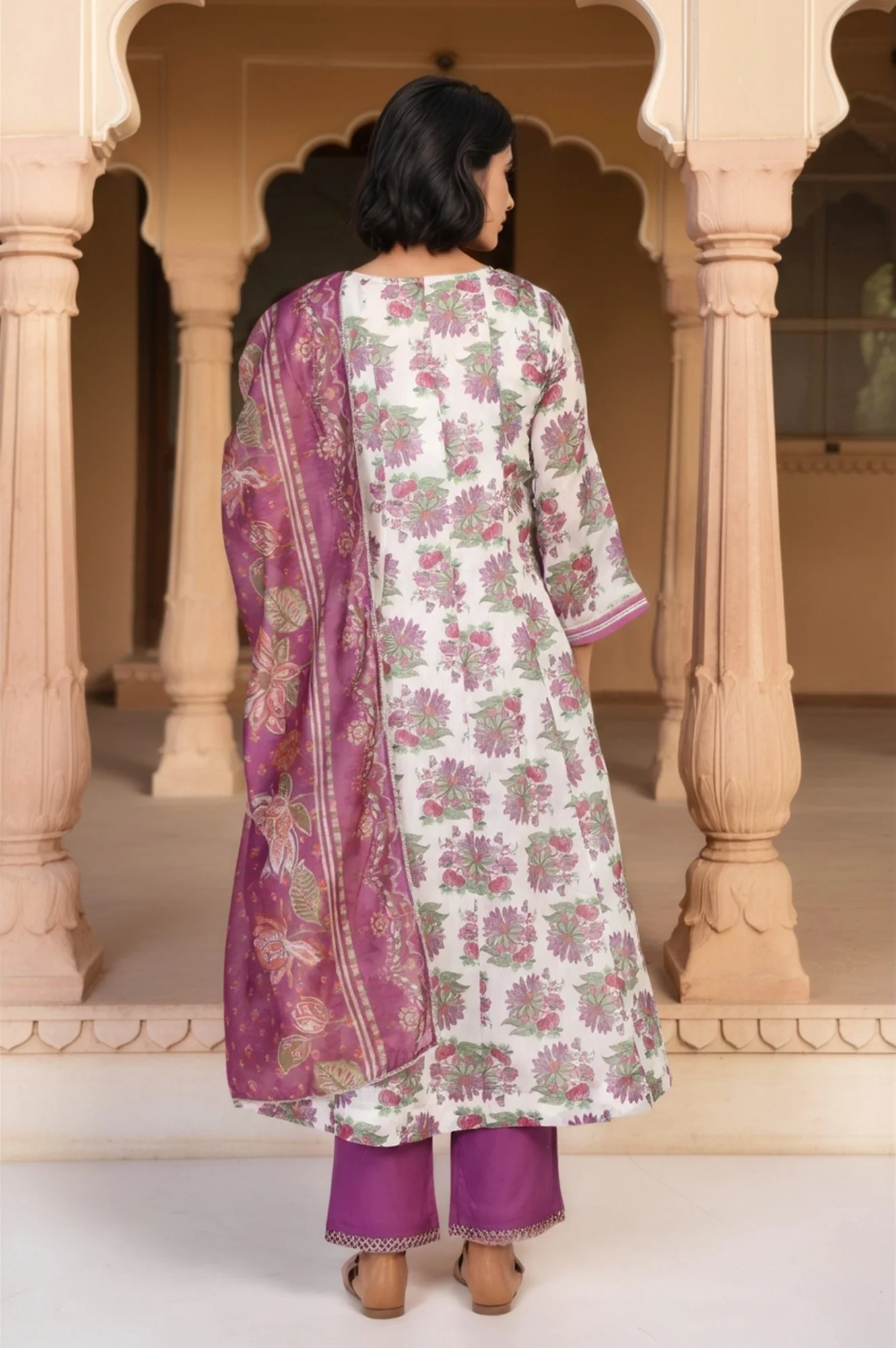 Beige Floral Print Sequined Flared Chanderi Kurta with Pant and Dupatta Set - Image 5