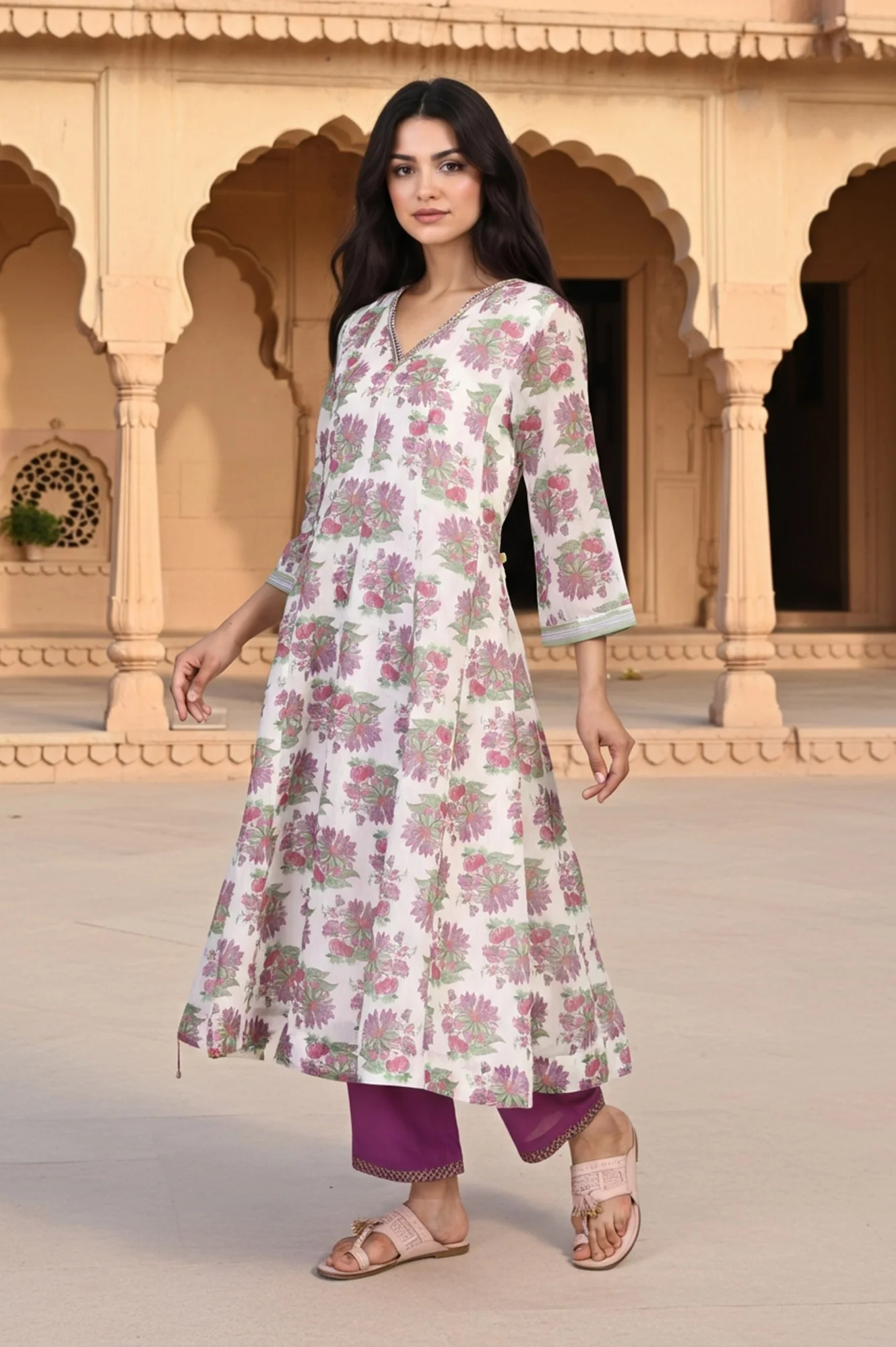 Beige Floral Print Sequined Flared Chanderi Kurta with Pant and Dupatta Set - Image 6