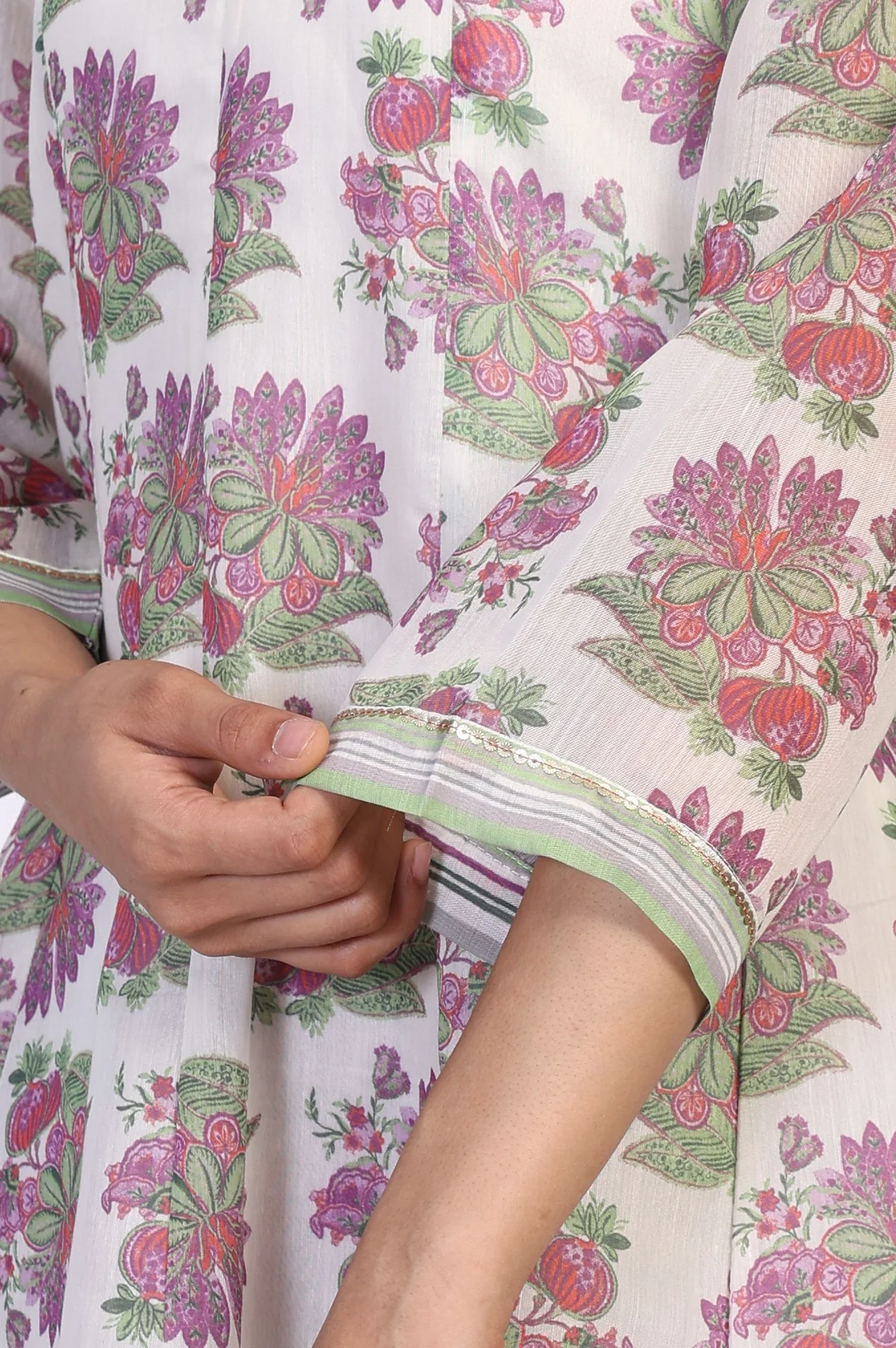 Beige Floral Print Sequined Flared Chanderi Kurta with Pant and Dupatta Set - Image 7