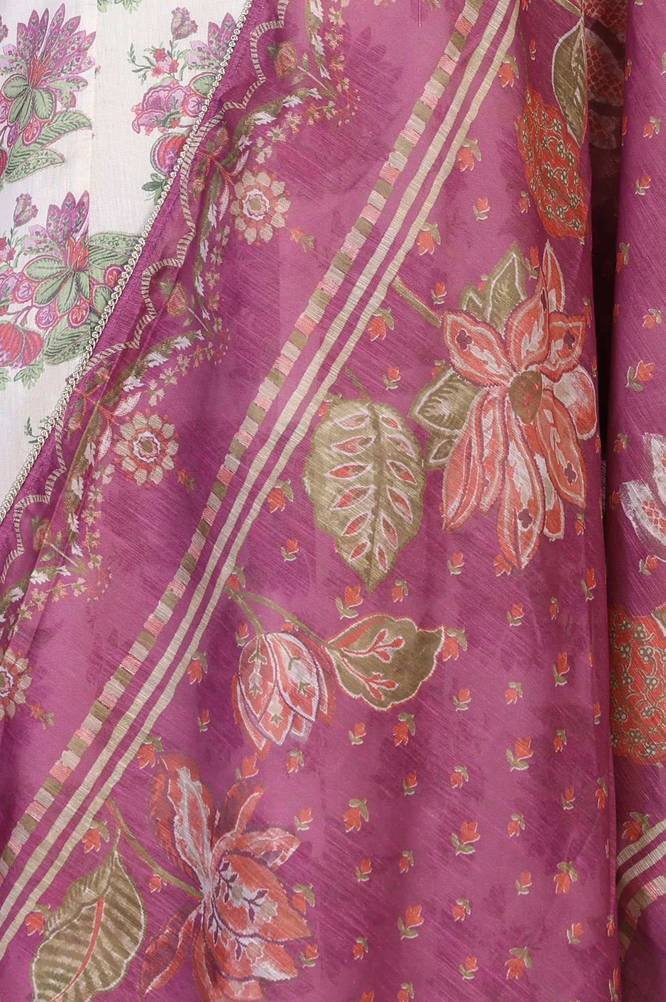 Beige Floral Print Sequined Flared Chanderi Kurta with Pant and Dupatta Set - Image 8