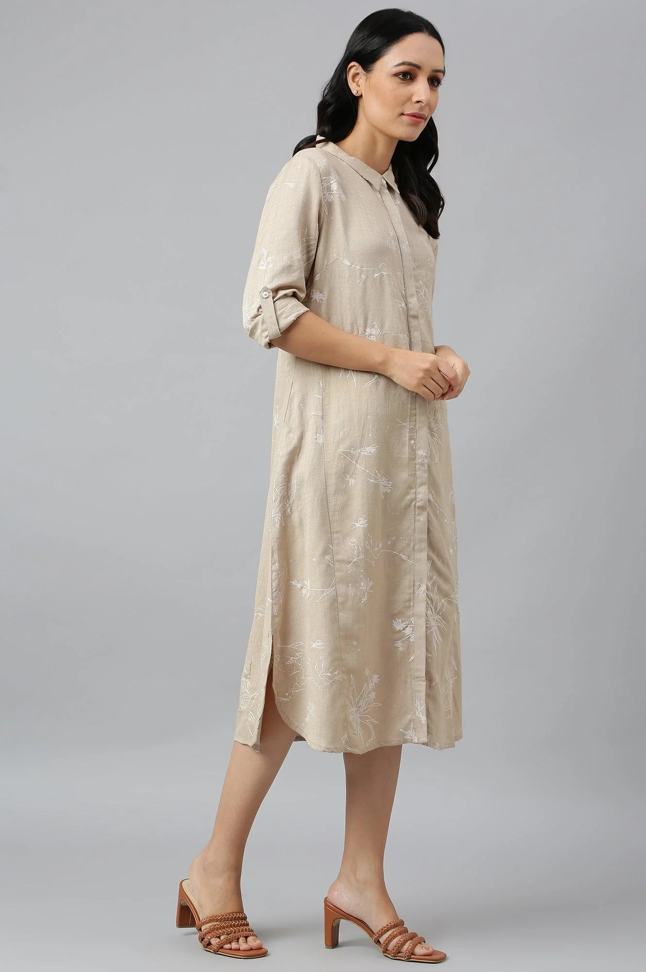 Beige Floral Print Shirt Dress - Image 6