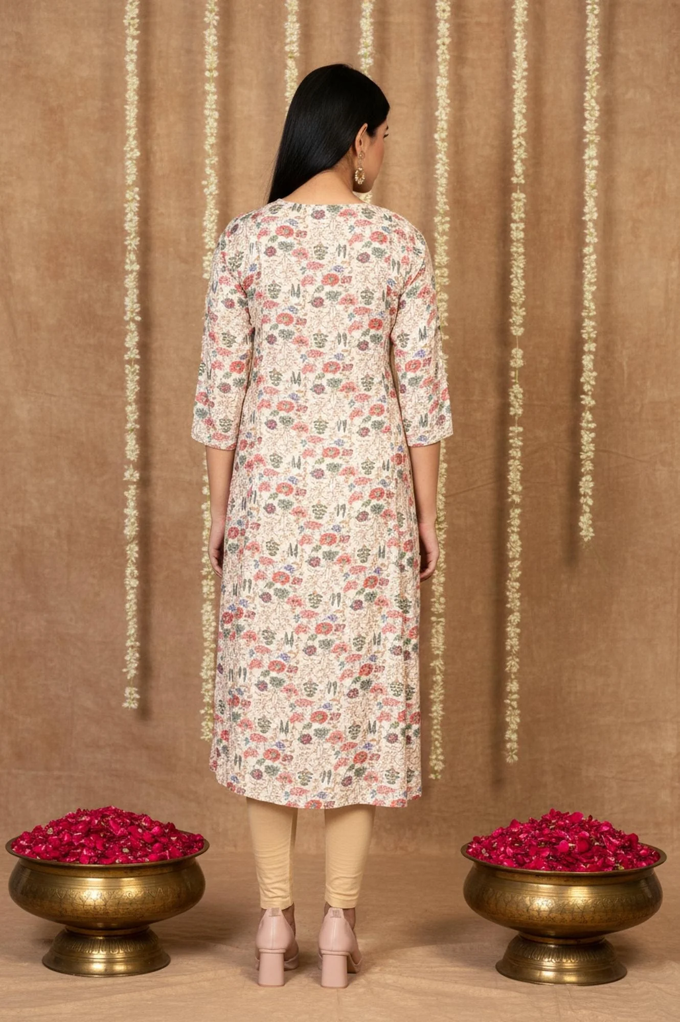 Beige Floral Print Straight Muslin Shimmer Kurta - Image 5