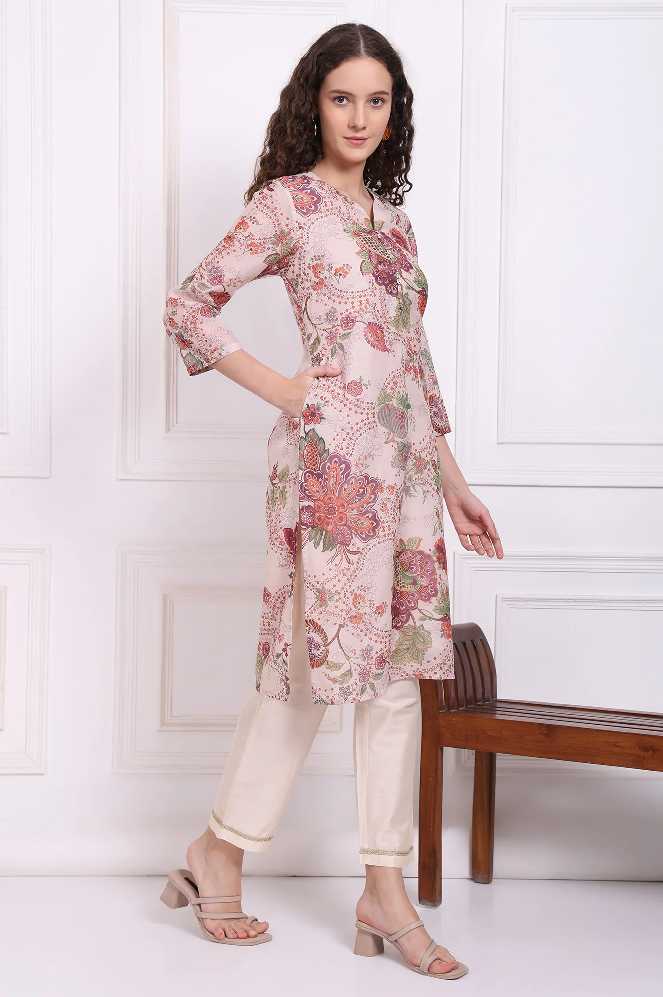 Beige Floral Printed Chanderi Straight Kurta - Image 6