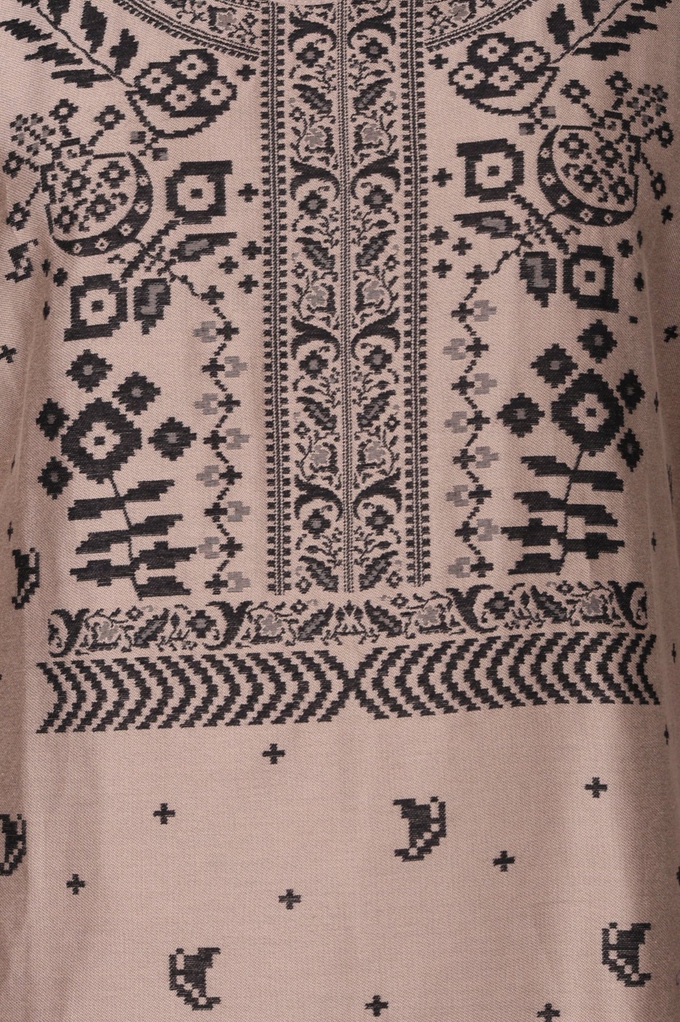 Beige Floral Printed Jacquard Straight Winter Kurta with Pants and Dupatta Set - Image 2