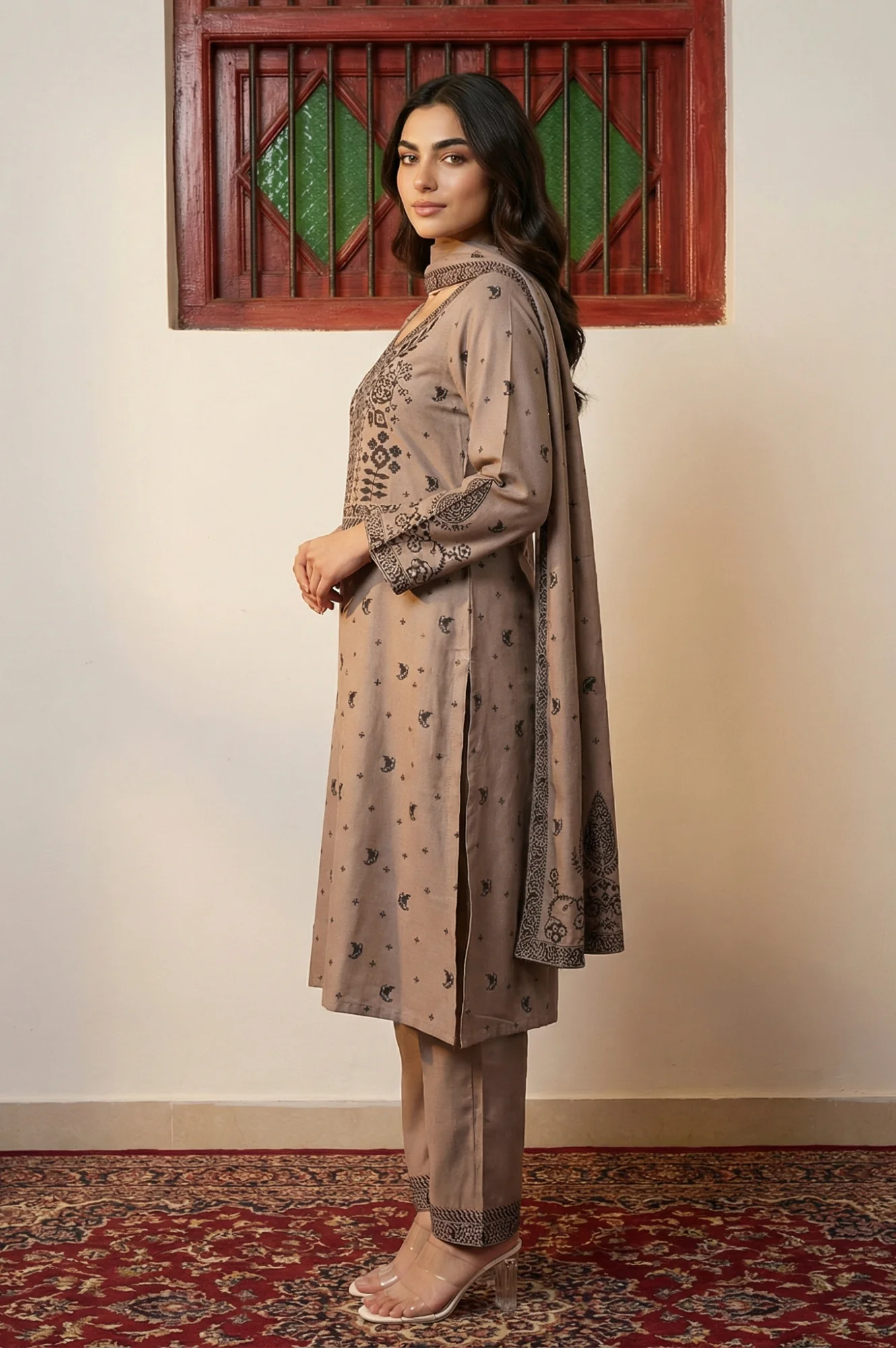 Beige Floral Printed Jacquard Straight Winter Kurta with Pants and Dupatta Set - Image 3