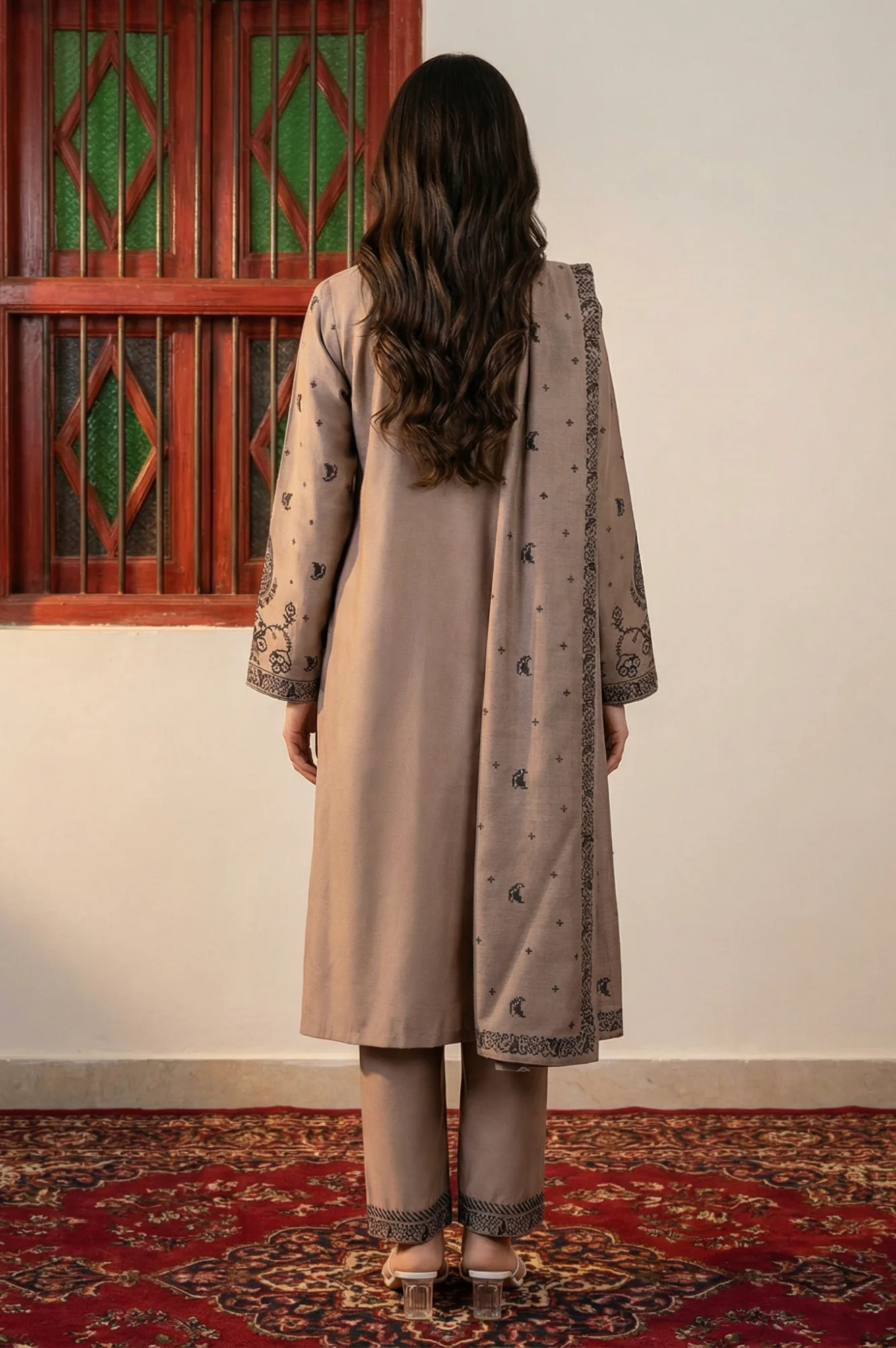 Beige Floral Printed Jacquard Straight Winter Kurta with Pants and Dupatta Set - Image 4
