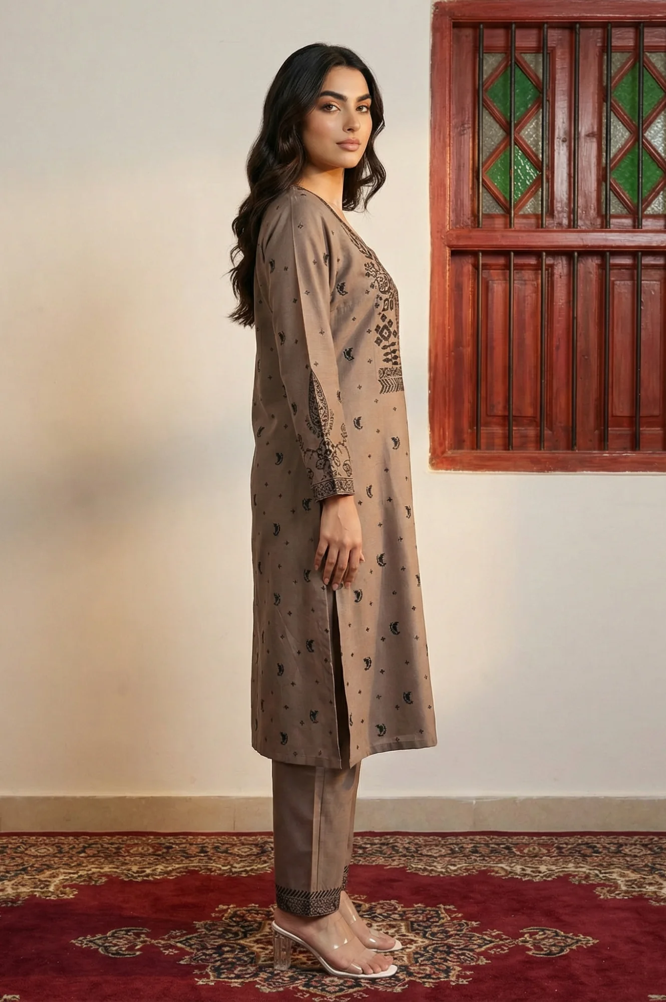 Beige Floral Printed Jacquard Straight Winter Kurta with Pants and Dupatta Set - Image 5