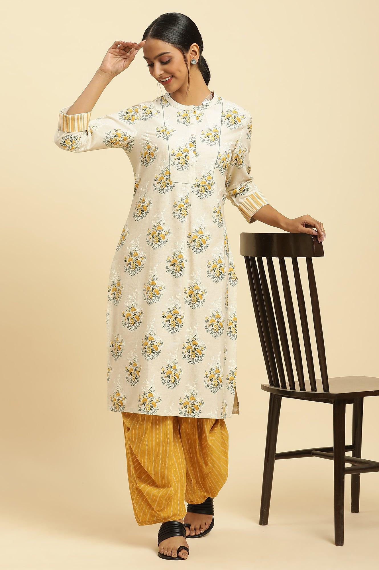 Beige Floral Printed Kurta And Yellow Carrot Pants