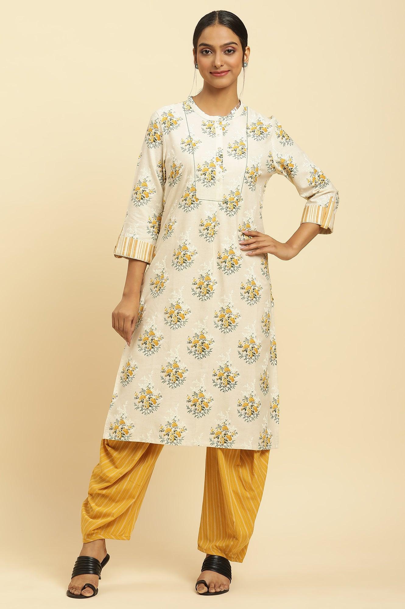 Beige Floral Printed Kurta And Yellow Carrot Pants - Image 2