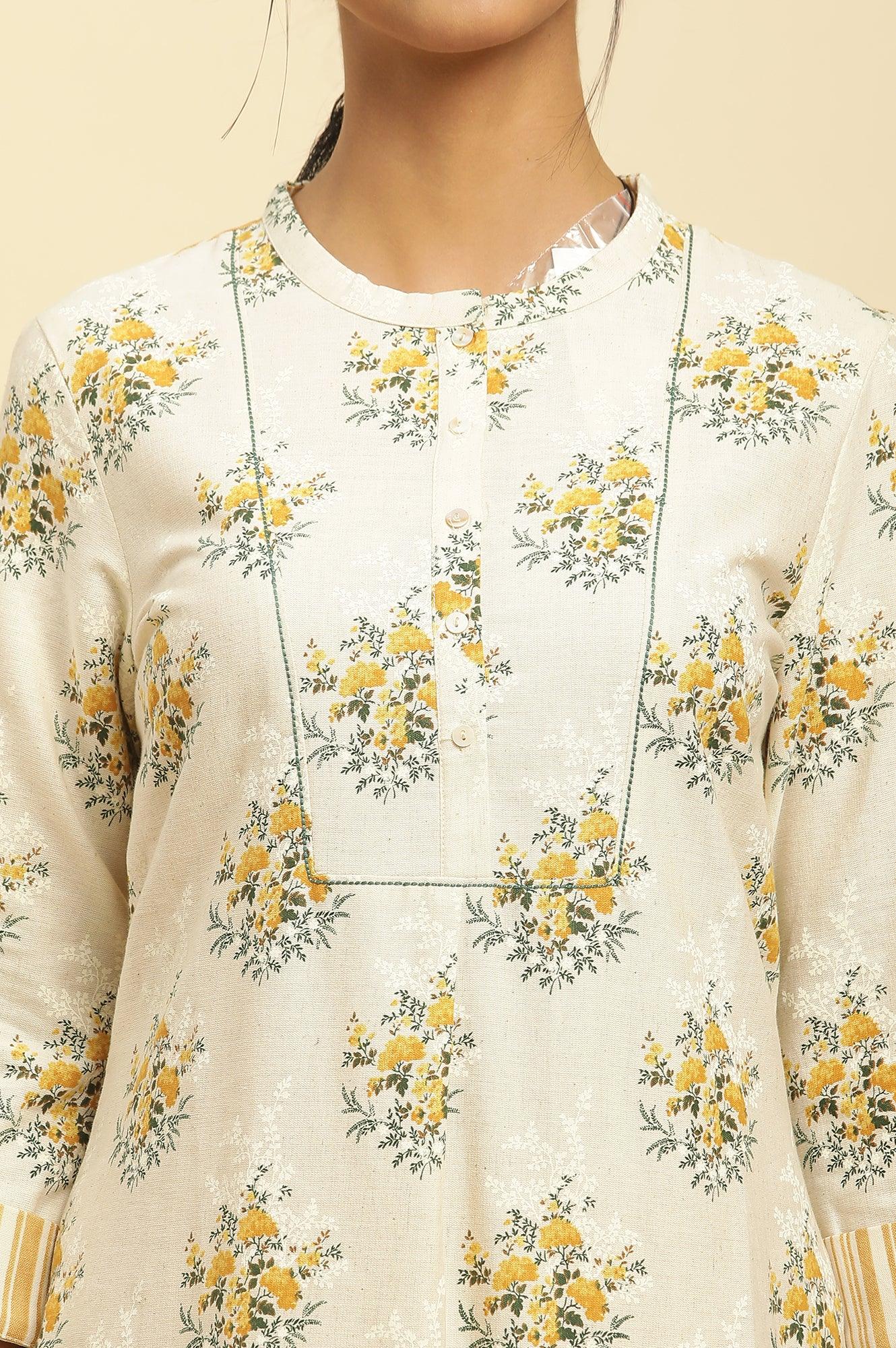 Beige Floral Printed Kurta And Yellow Carrot Pants - Image 6